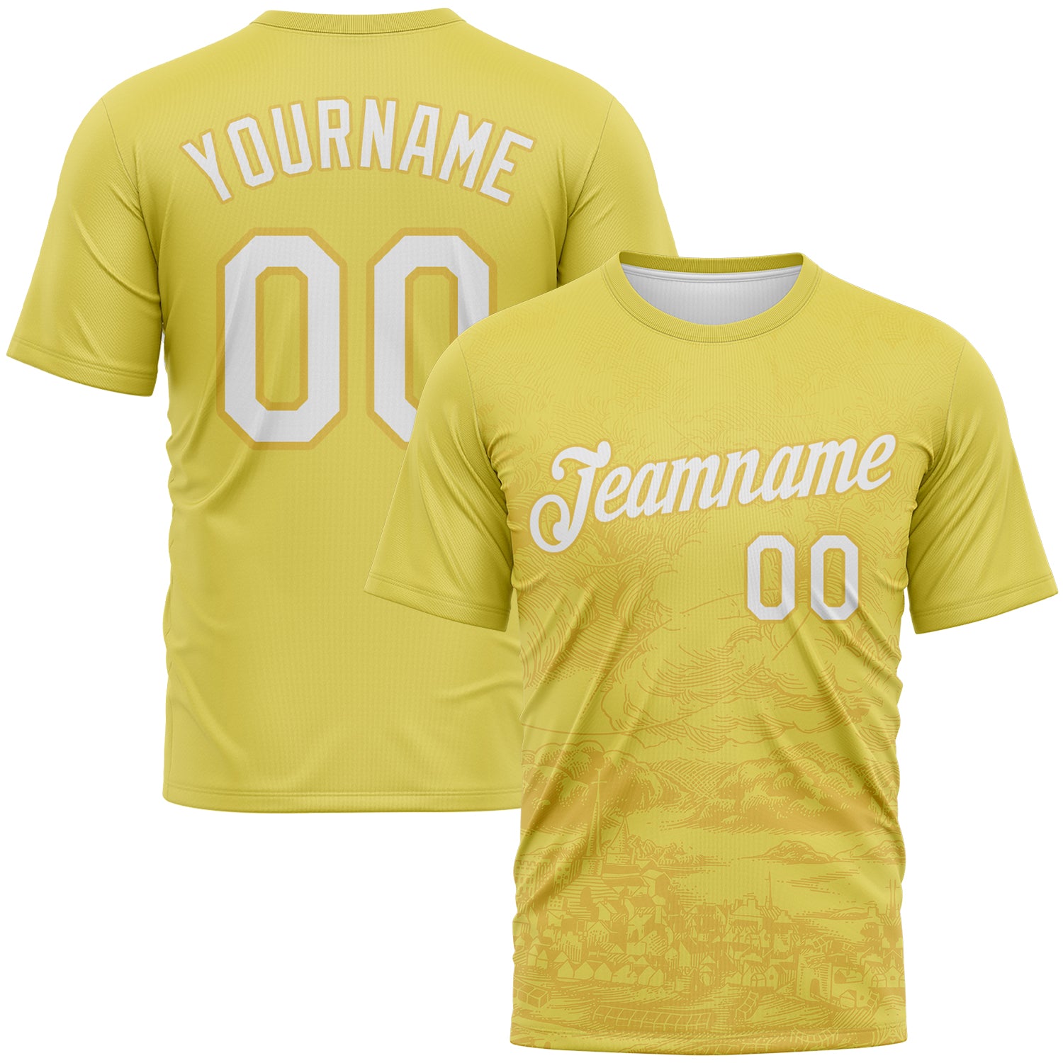 Custom Light Yellow-White 3D Pattern Vintage Line Art Cityscape Performance T-Shirt