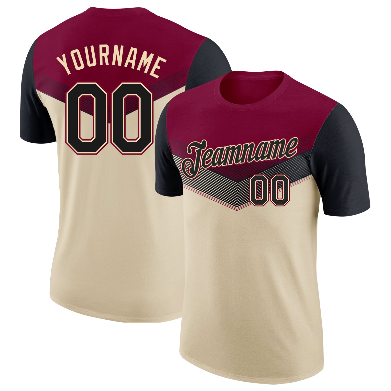Custom Maroon Black-Cream Geometric V-Lines Color Block Performance T-Shirt