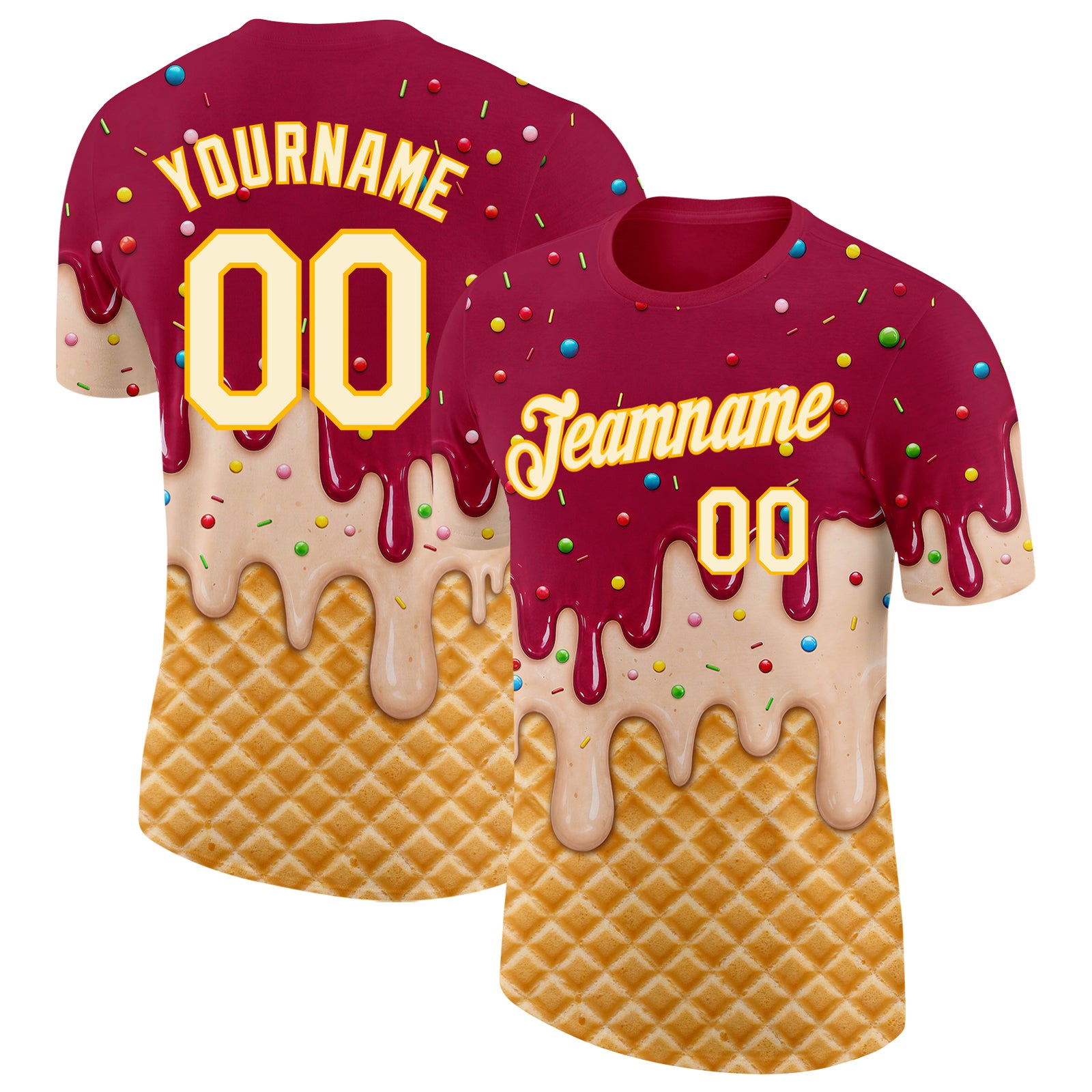 Custom Maroon Cream-Gold Ice Cream Waffle Foodie Dessert Performance T-Shirt