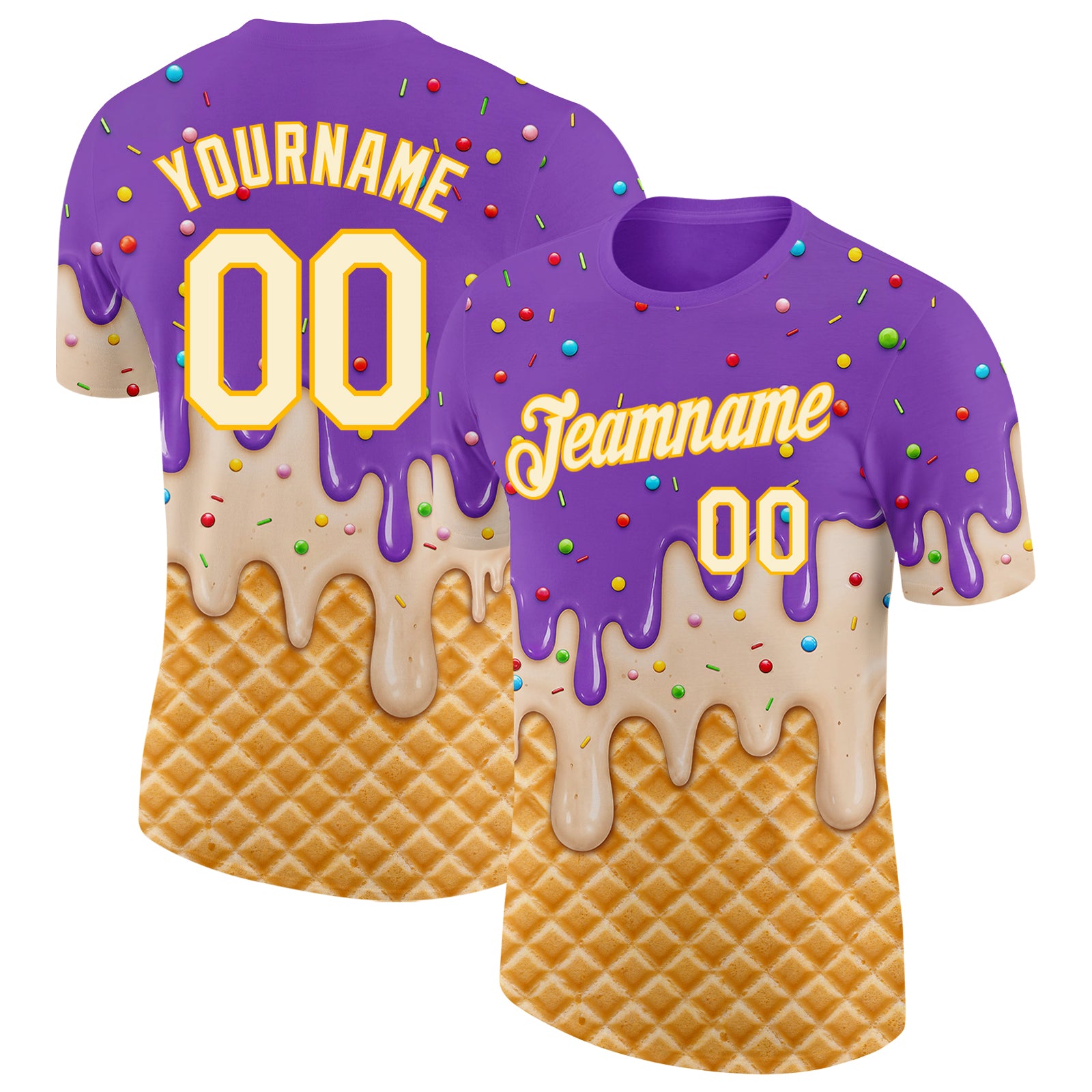 Custom Medium Purple Cream-Gold Ice Cream Waffle Foodie Dessert Performance T-Shirt