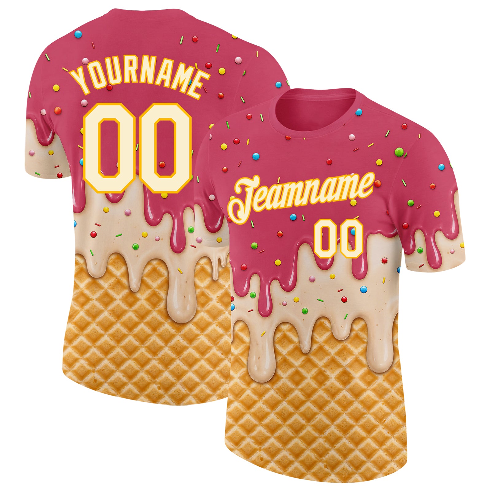 Custom Medium Red Cream-Gold Ice Cream Waffle Foodie Dessert Performance T-Shirt