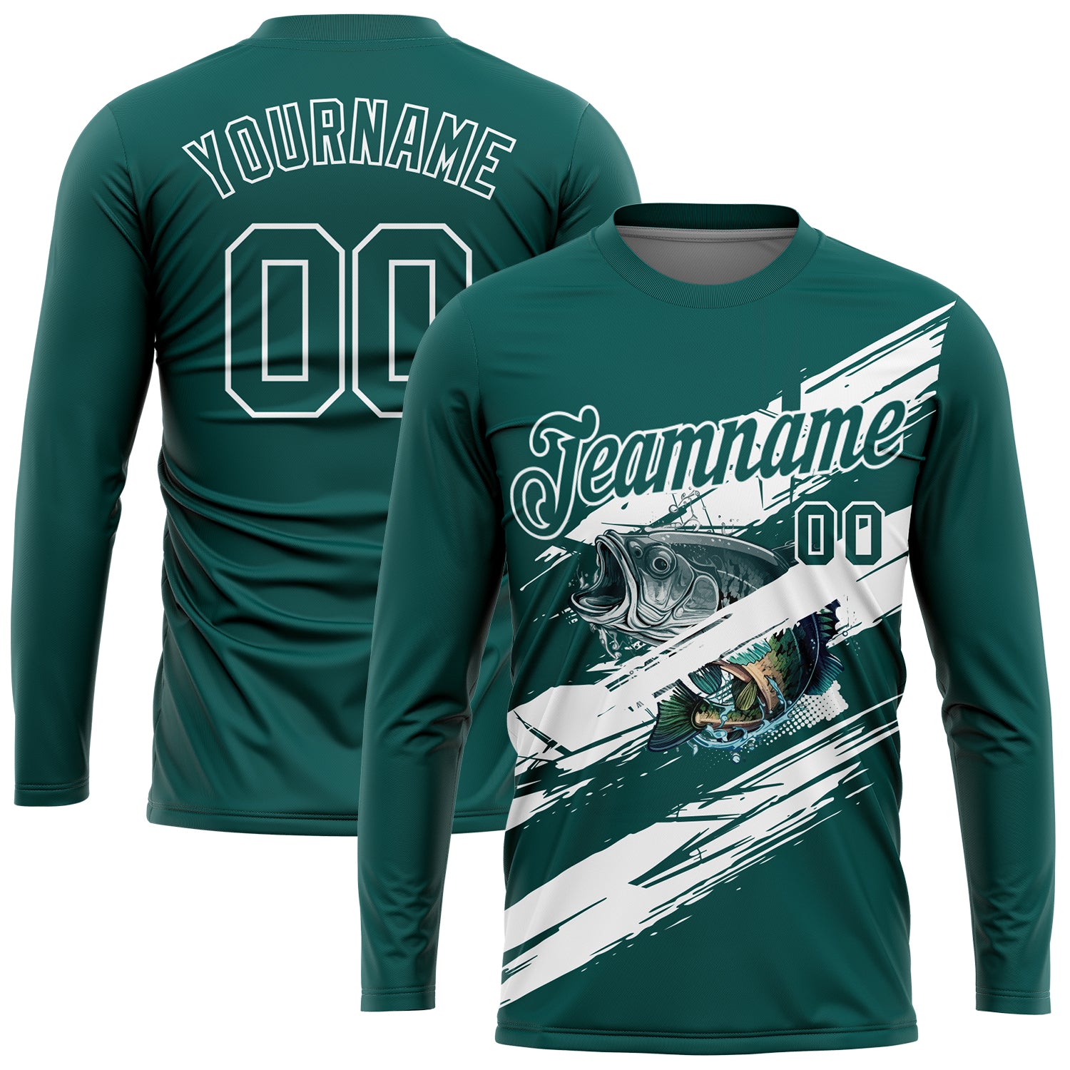 Custom Midnight Green-White Fishing Bass Fish Long Sleeve Performance T-Shirt