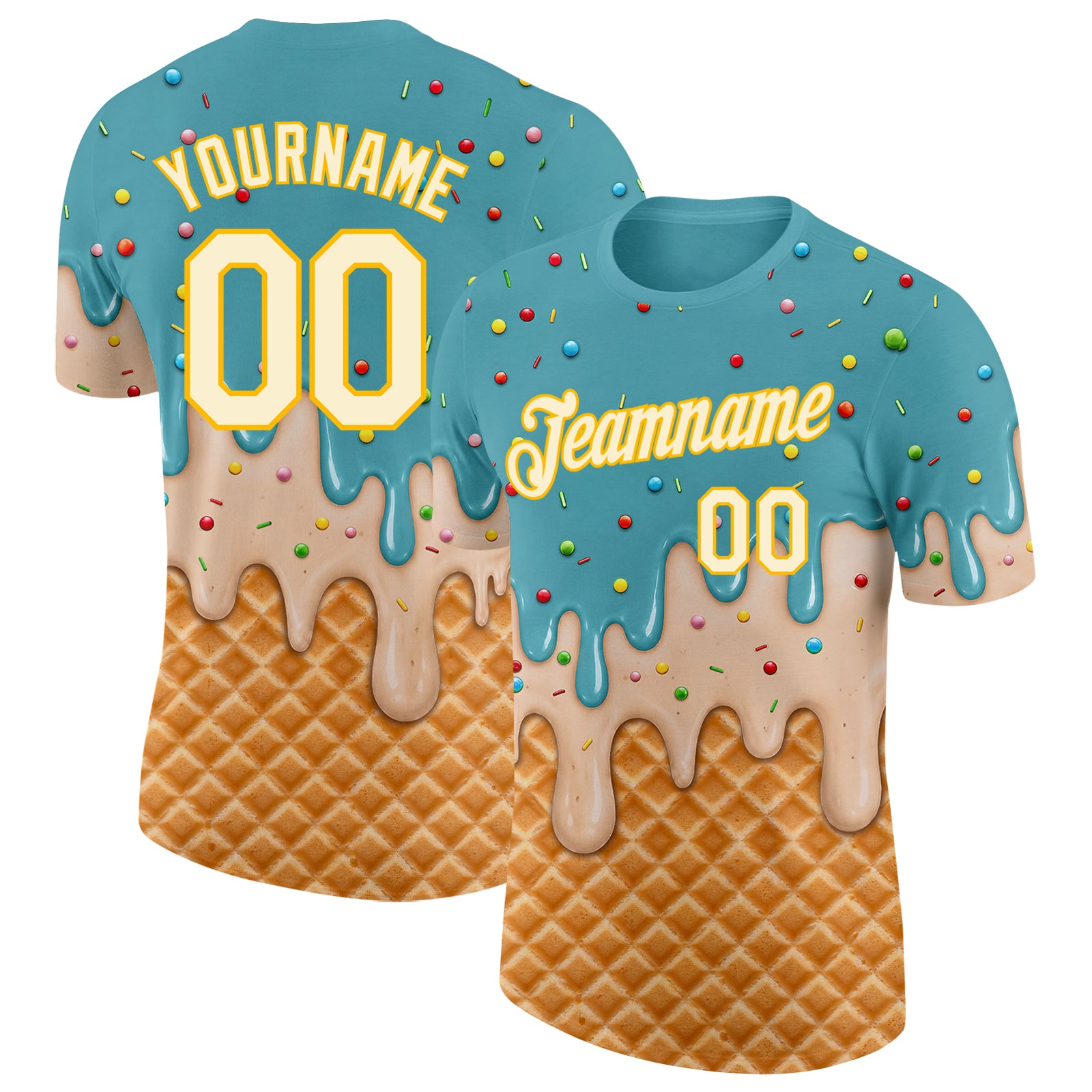 Custom Mint Aqua Cream-Gold Ice Cream Waffle Foodie Dessert Performance T-Shirt