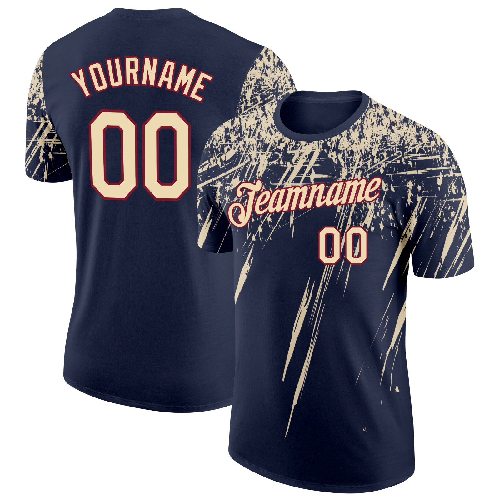 Custom Navy Cream-Crimson Distressed Scratch Brush Stroke Performance T-Shirt