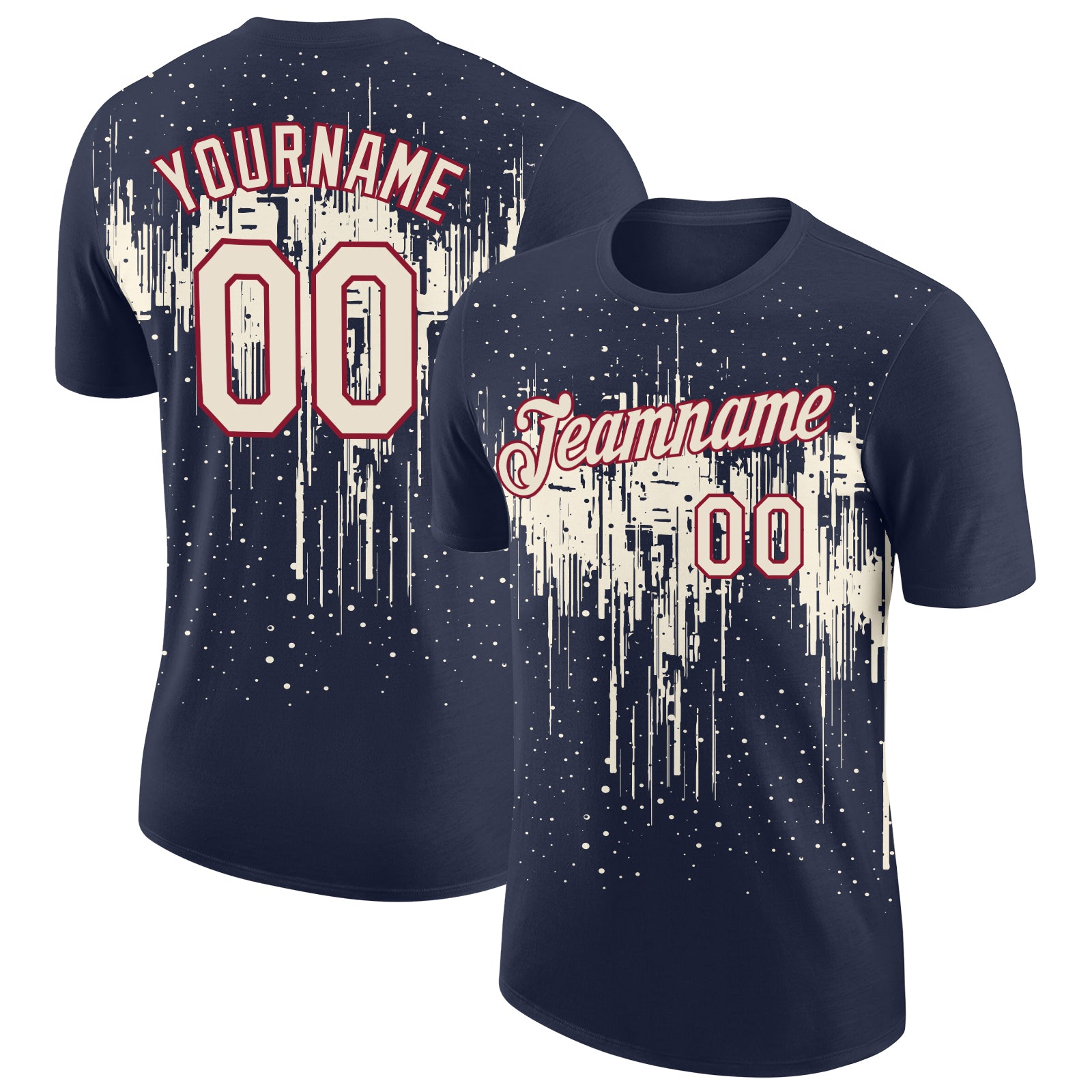 Custom Navy Cream-Crimson Dripping Splatter Paint Performance T-Shirt