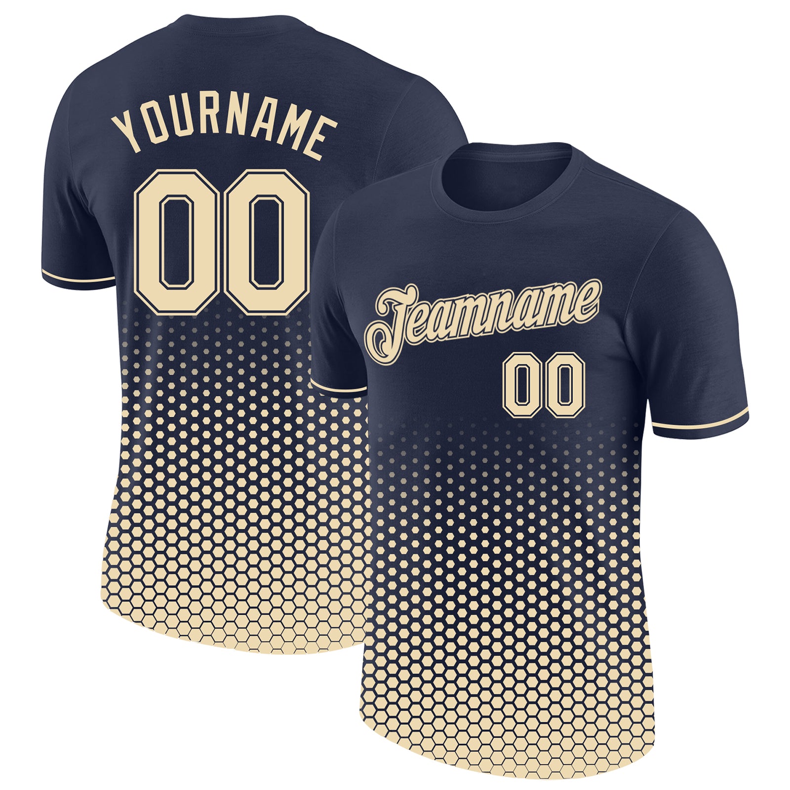 Custom Navy-Cream Geometric Hexagonal Dot Gradient Performance T-Shirt