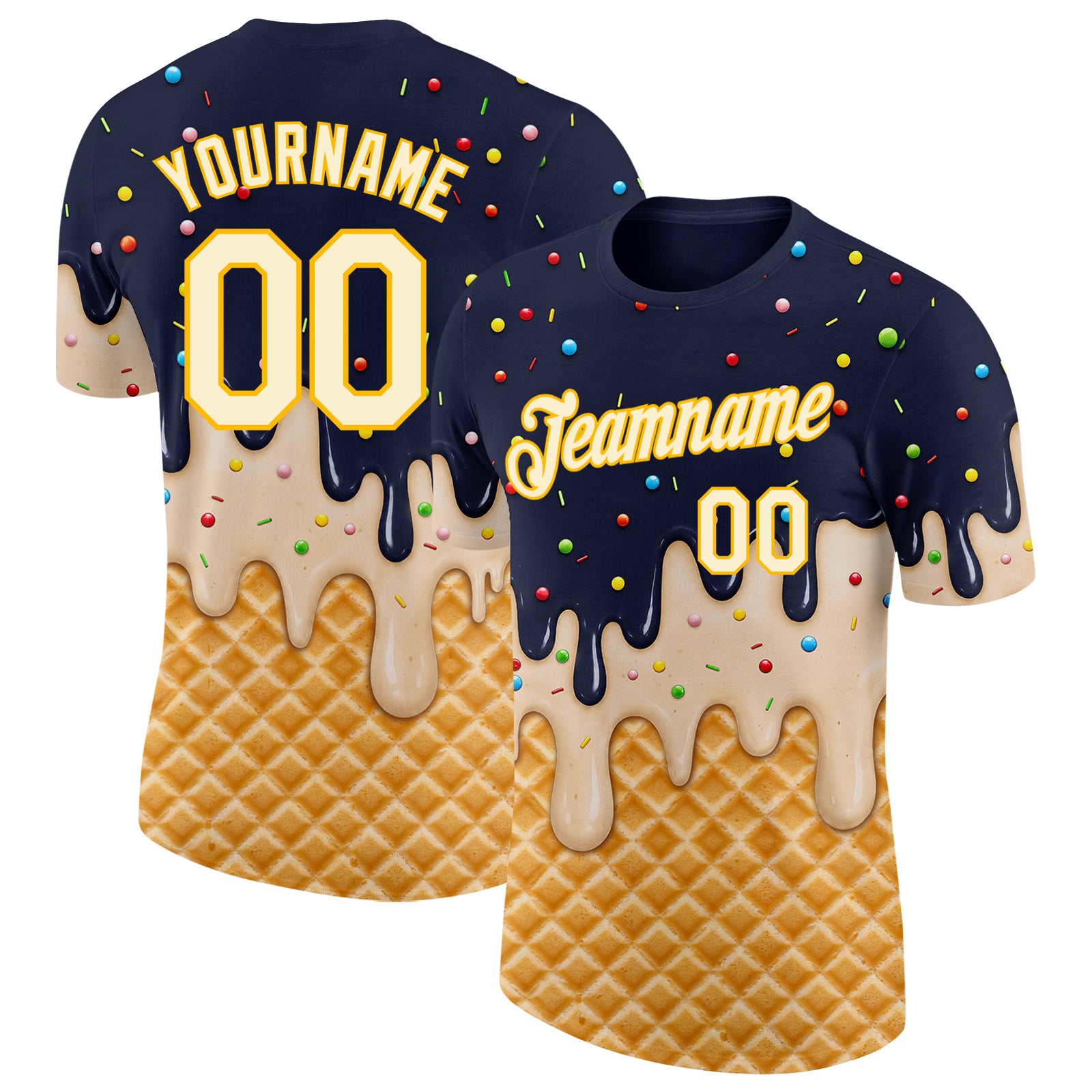 Custom Navy Cream-Gold Ice Cream Waffle Foodie Dessert Performance T-Shirt