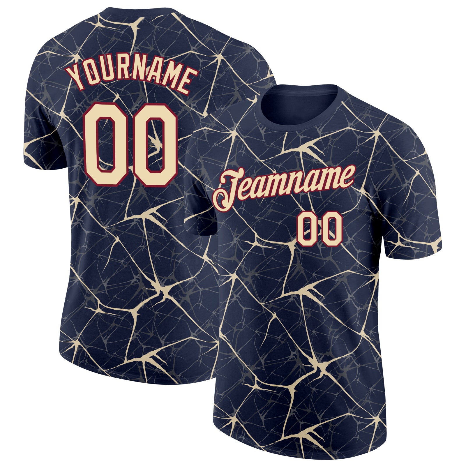 Custom Navy Cream Gray-Crimson Abstract Network Crackle Performance T-Shirt