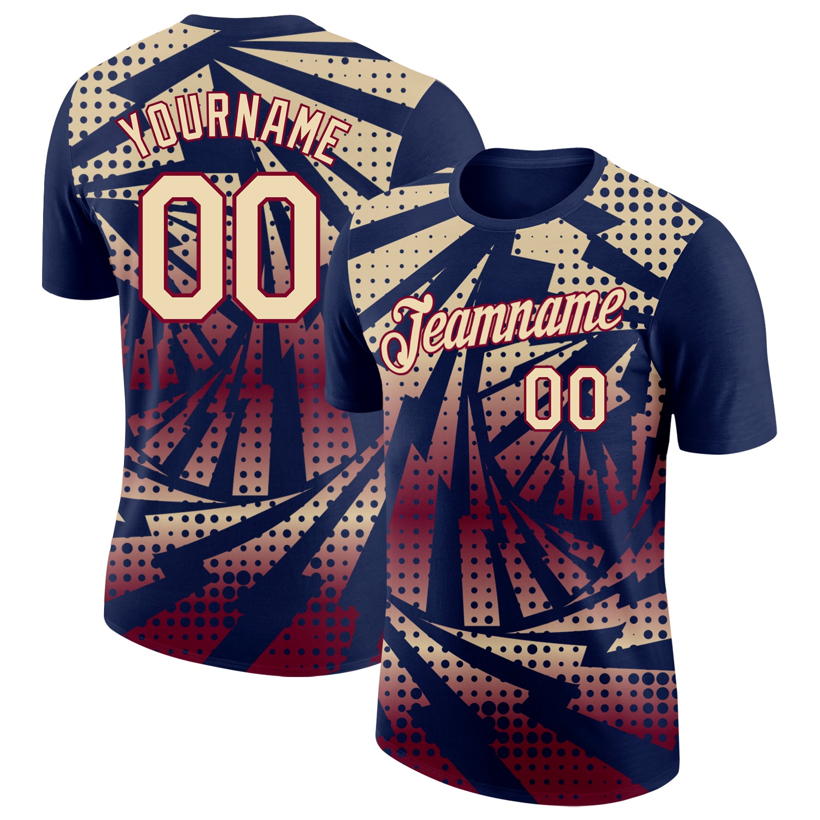 Custom Navy Cream-Maroon Lightning Gradient Dot Performance T-Shirt