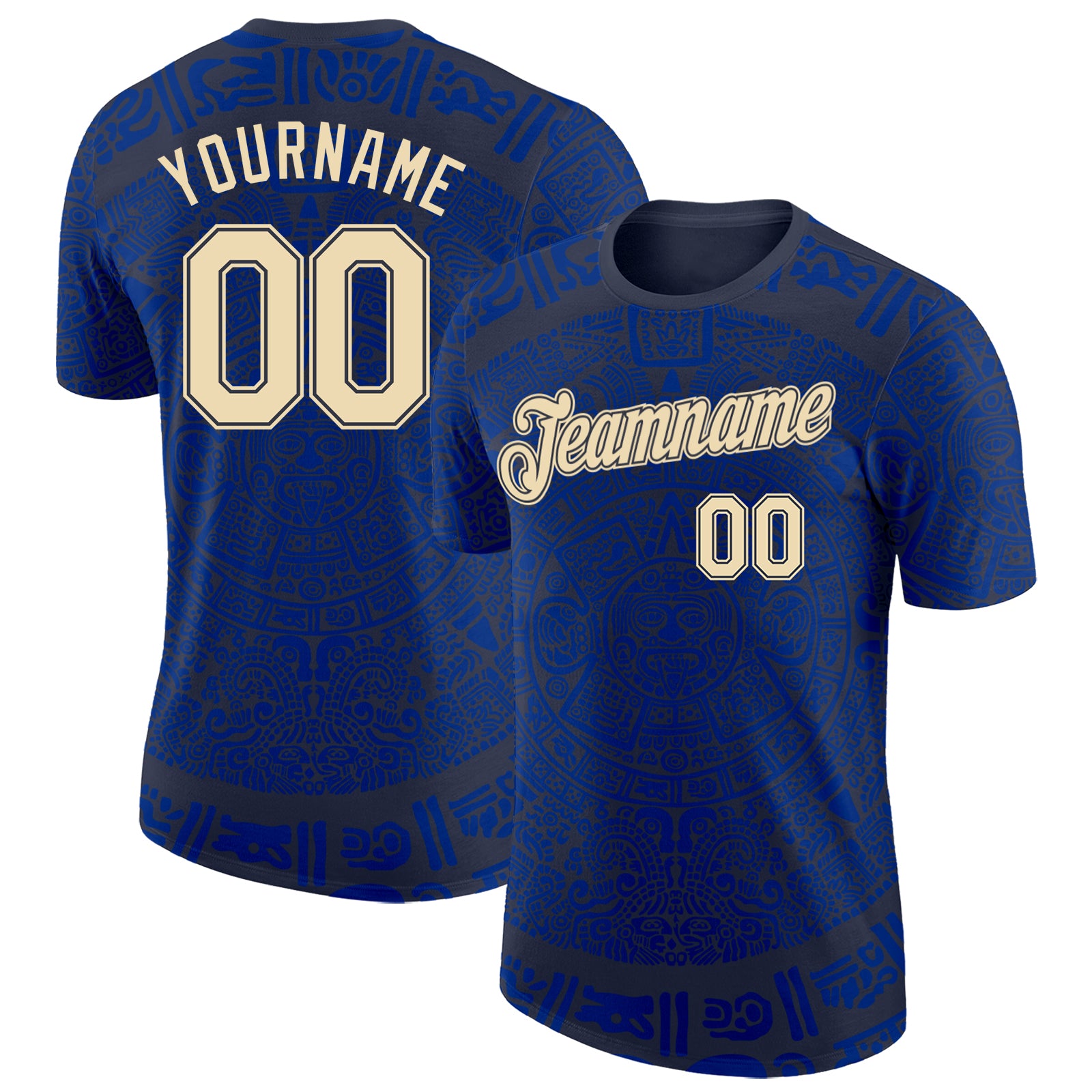 Custom Navy Cream-Royal Tribal Ethnic Aztec Sun Stone 3D Pattern Performance T-Shirt