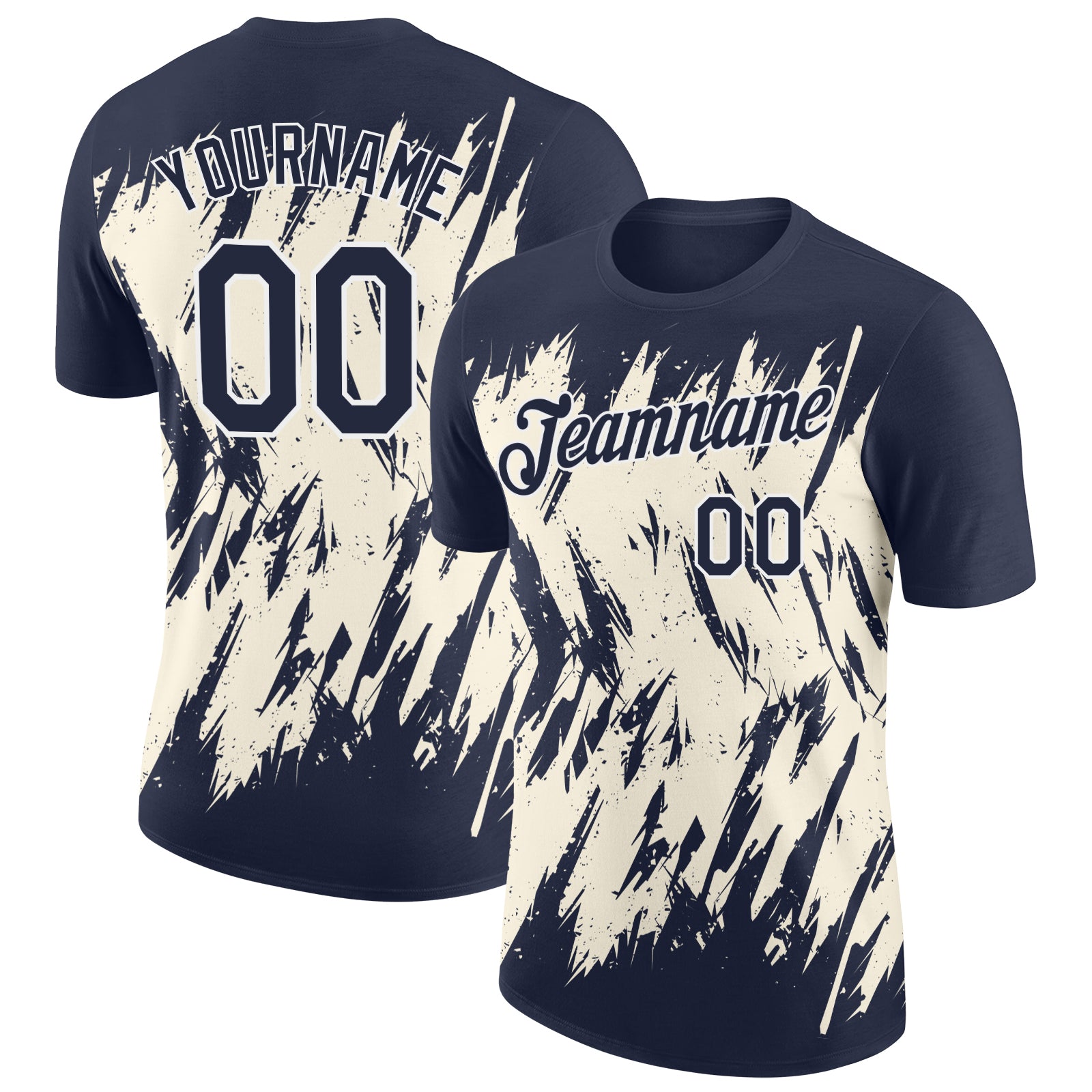 Custom Navy Cream-White Torn Sharp Brush Stroke Splatter Performance T-Shirt