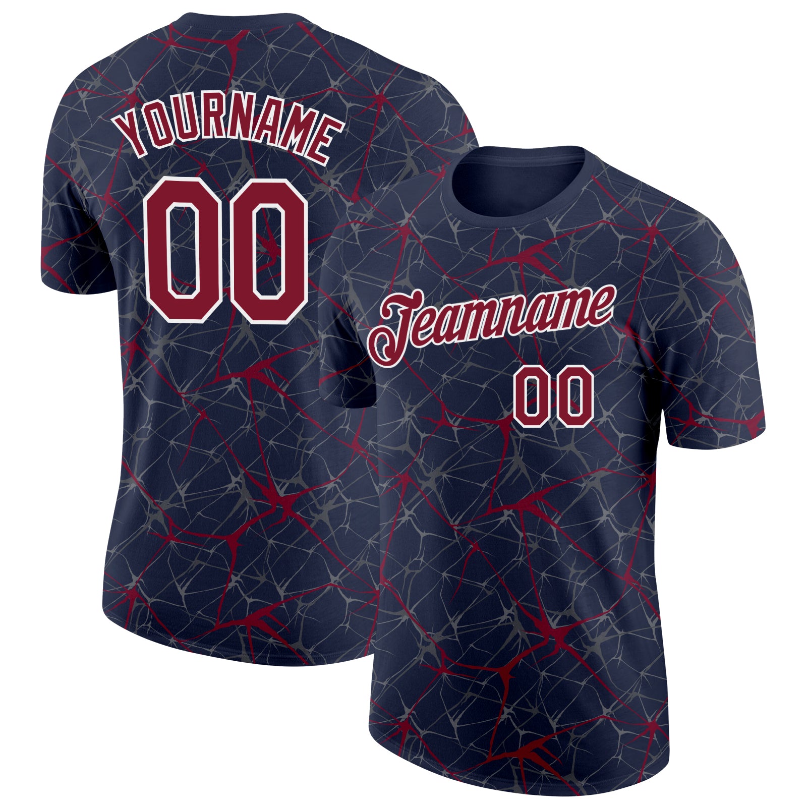 Custom Navy Crimson Gray-White Abstract Network Crackle Performance T-Shirt