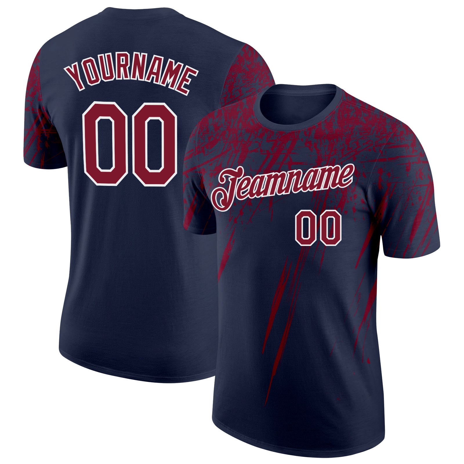 Custom Navy Crimson-White Distressed Scratch Brush Stroke Performance T-Shirt