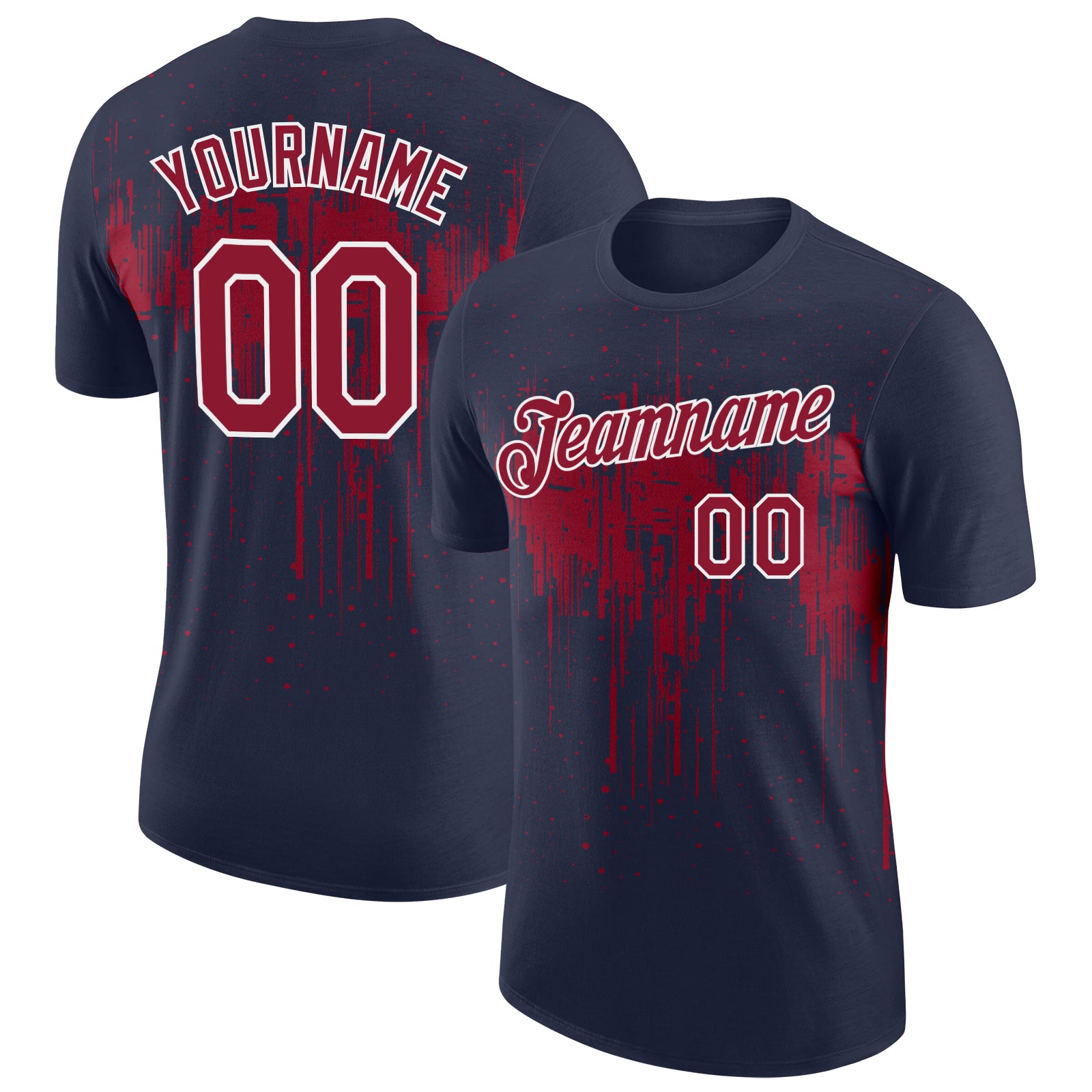 Custom Navy Crimson-White Dripping Splatter Paint Performance T-Shirt