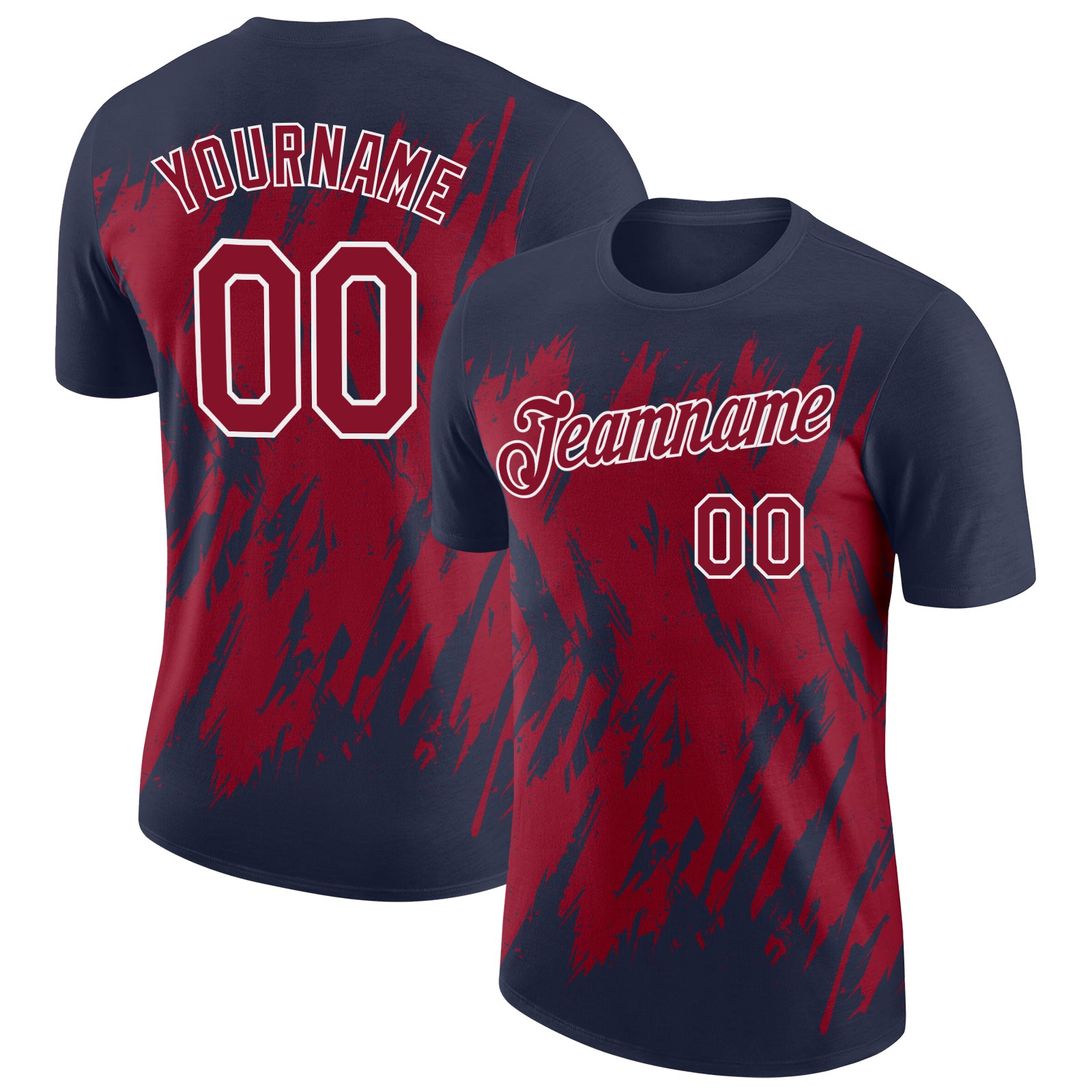 Custom Navy Crimson-White Torn Sharp Brush Stroke Splatter Performance T-Shirt