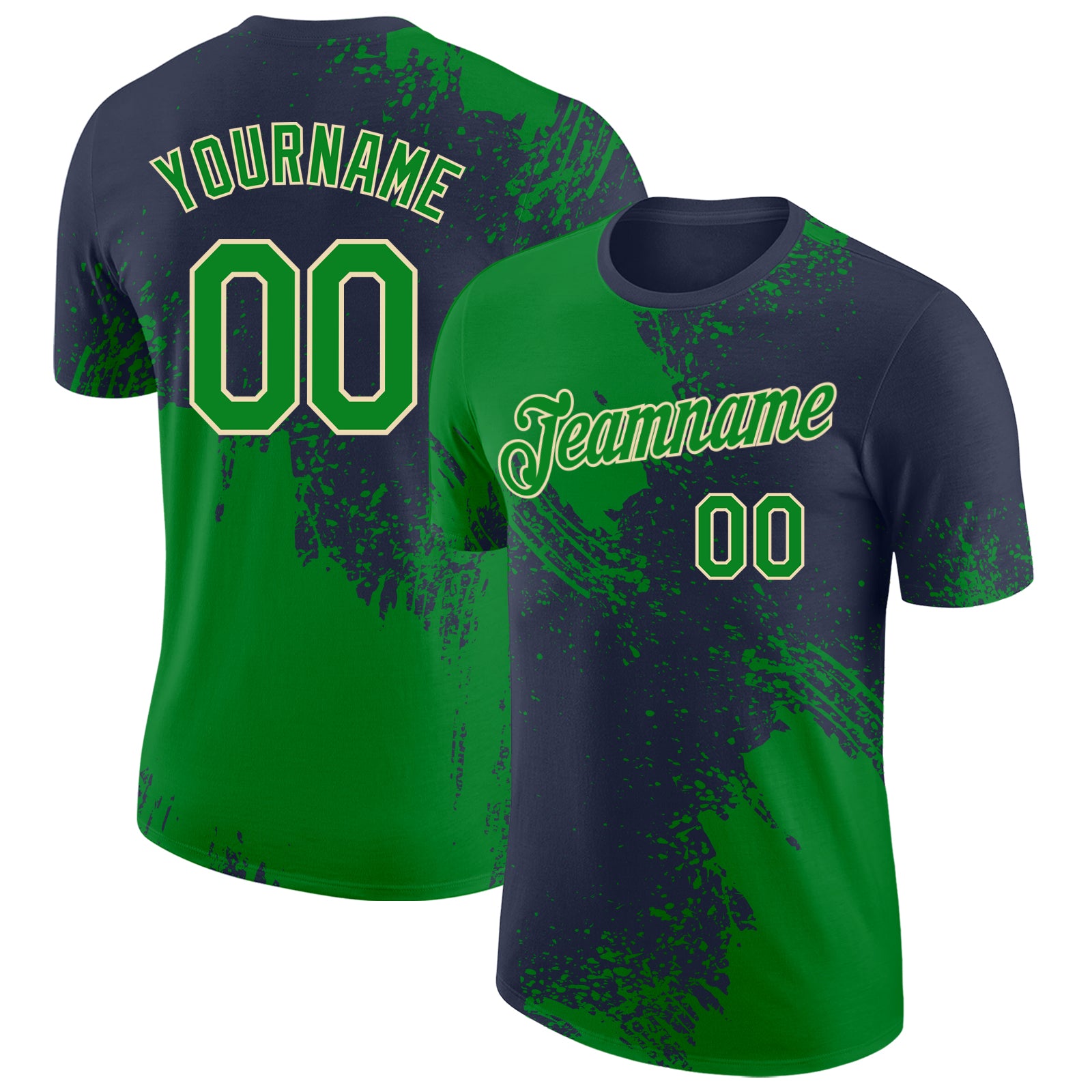 Custom Navy Grass Green-Cream Abstract Brush Stroke Performance T-Shirt