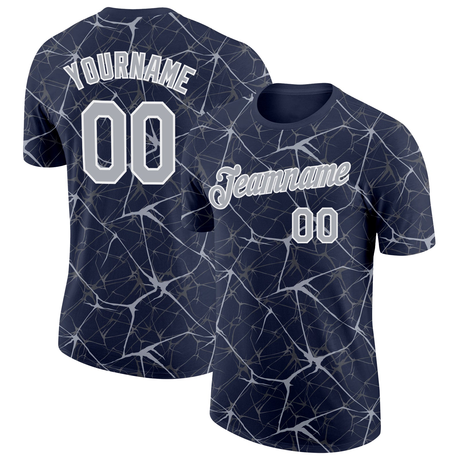 Custom Navy Gray-White Abstract Network Crackle Performance T-Shirt