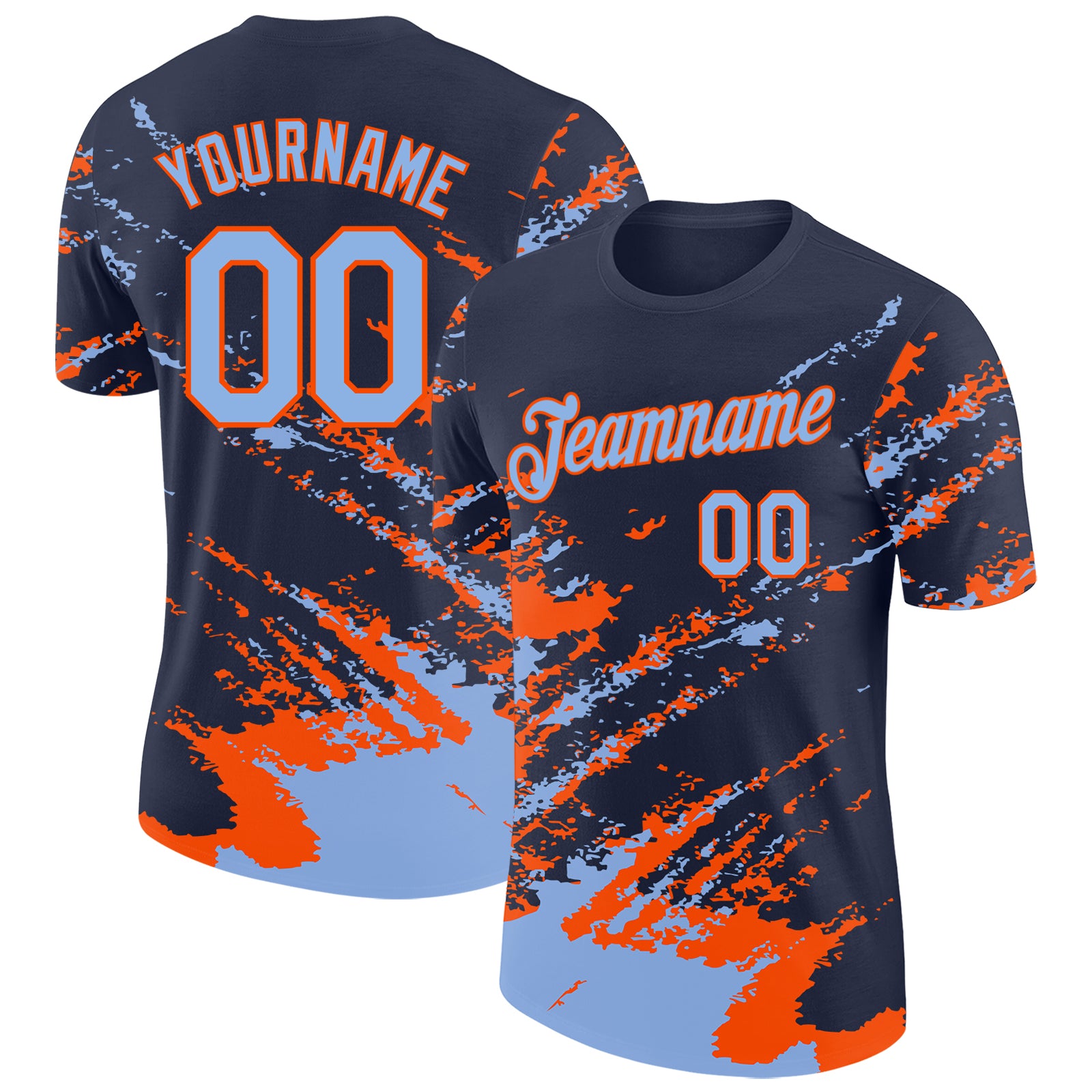 Custom Navy Light Blue-Orange Brush Stroke Shatter Splatter Performance T-Shirt