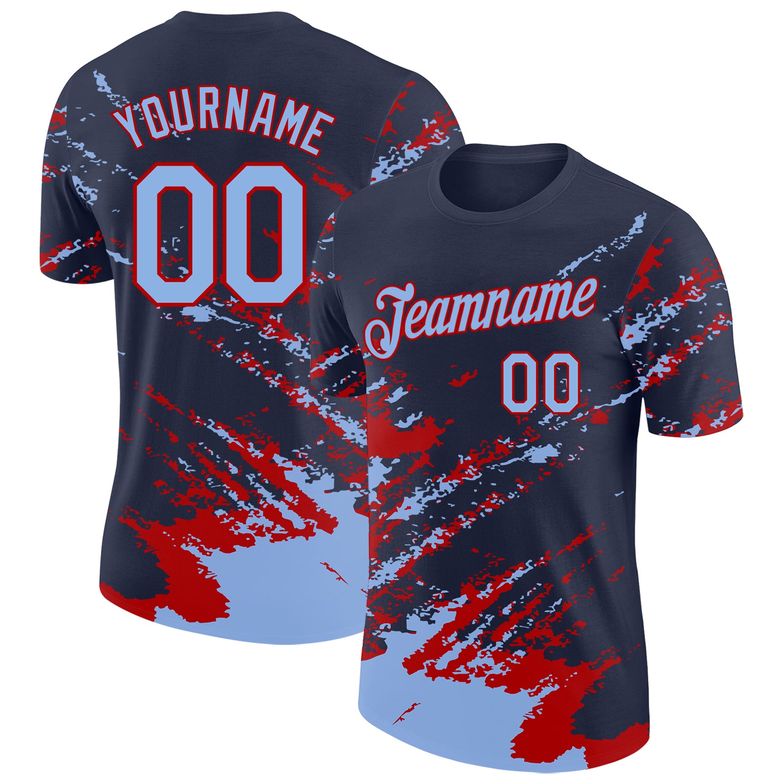 Custom Navy Light Blue-Red Brush Stroke Shatter Splatter Performance T-Shirt