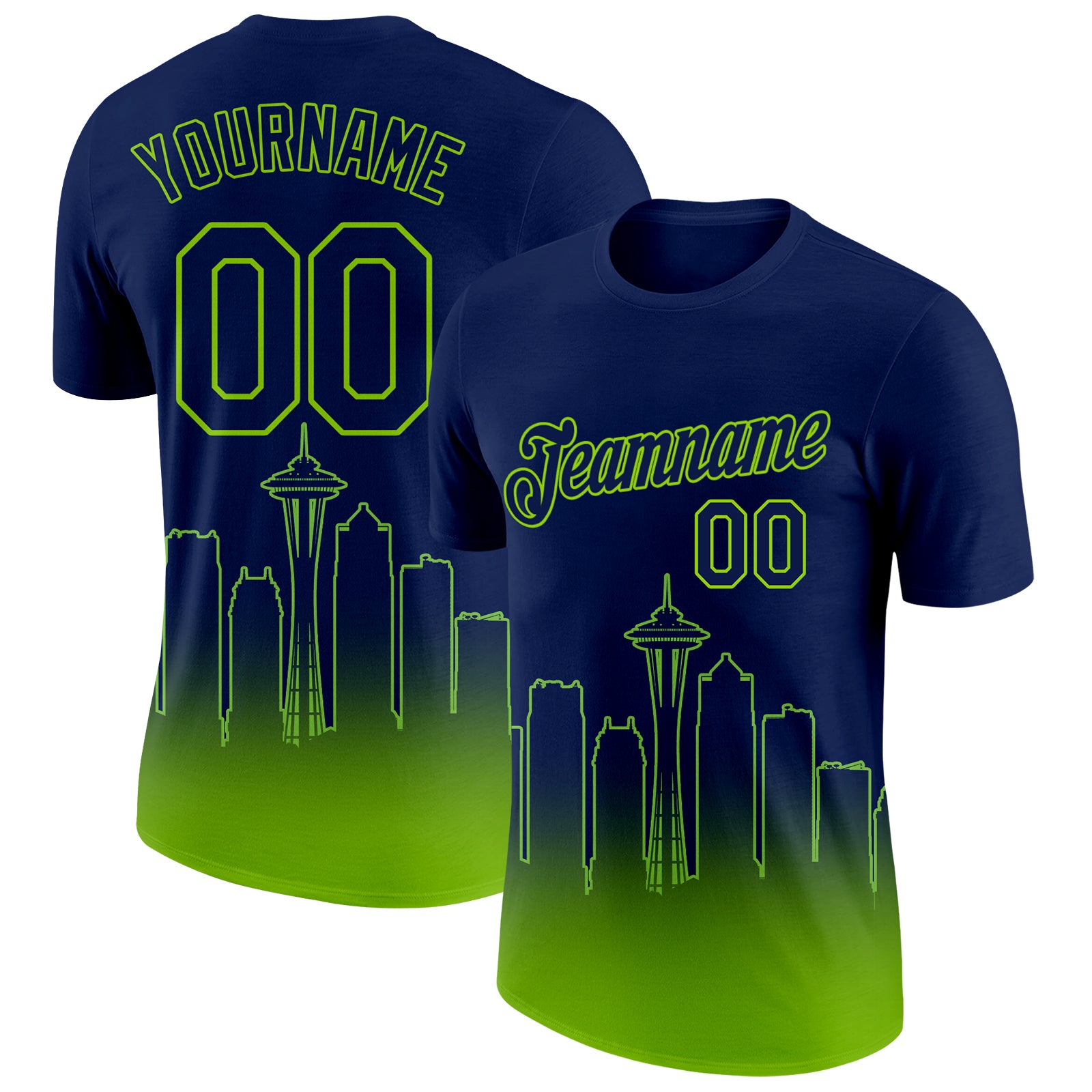Custom Navy Neon Green 3D Seattle City Edition Fade Fashion Performance T-Shirt