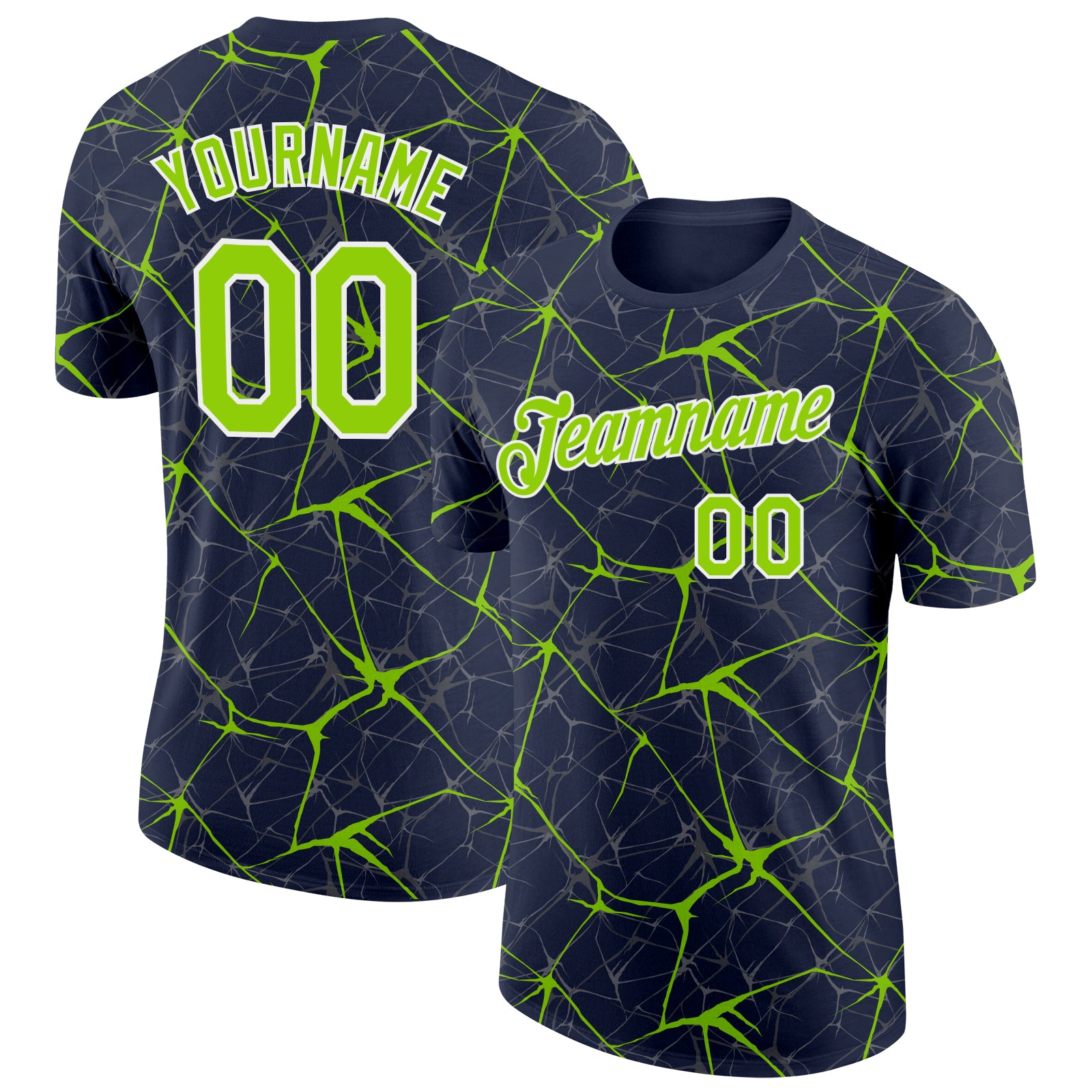 Custom Navy Neon Green Gray-White Abstract Network Crackle Performance T-Shirt