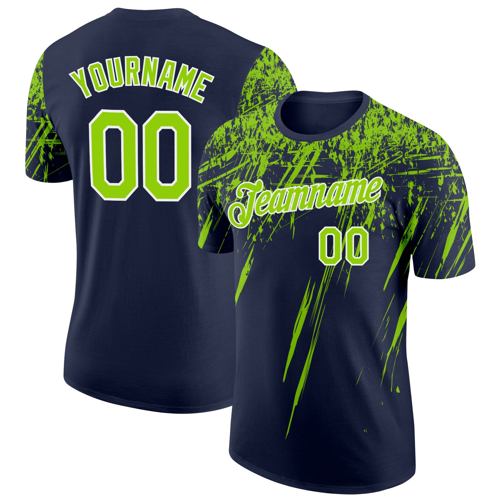Custom Navy Neon Green-White Distressed Scratch Brush Stroke Performance T-Shirt