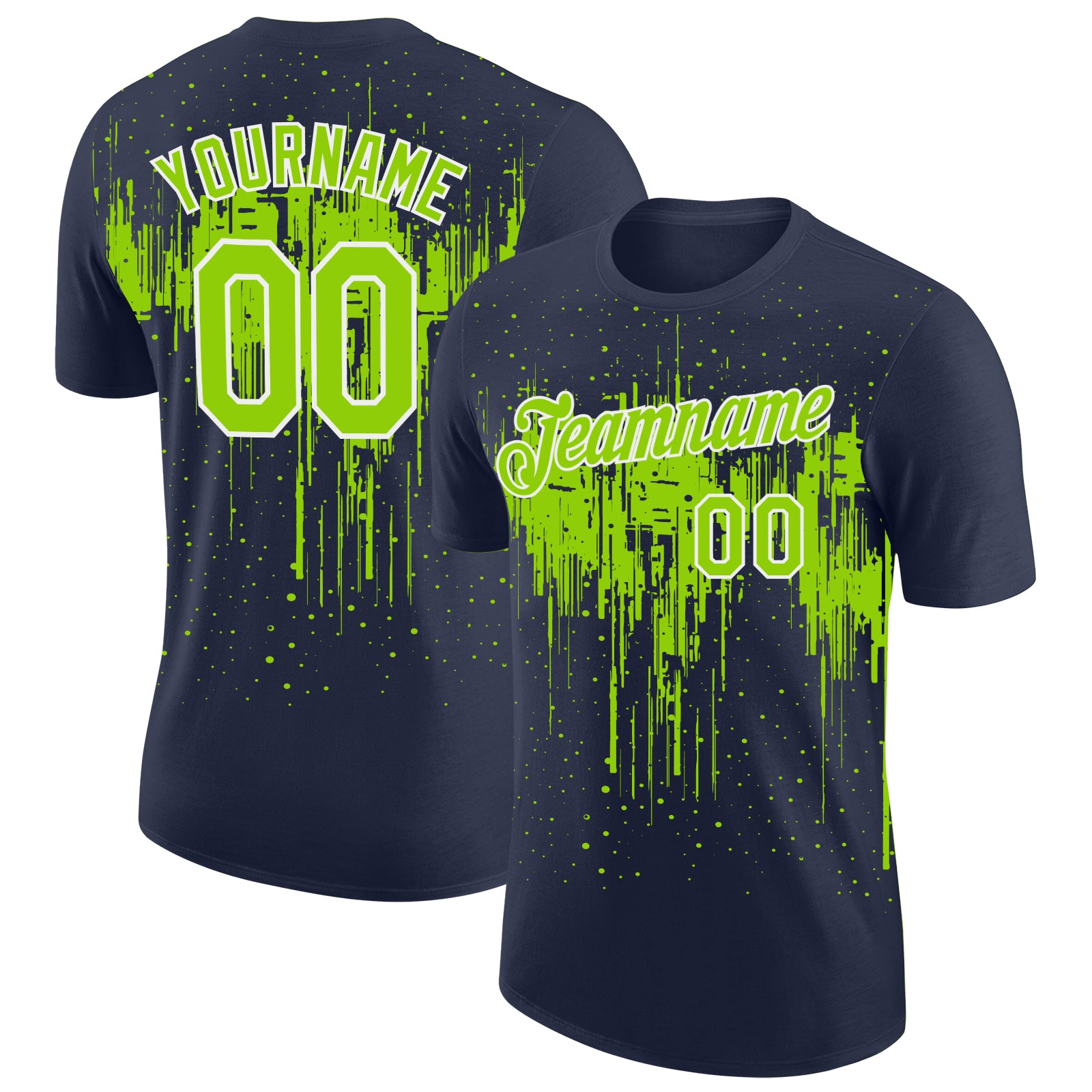 Custom Navy Neon Green-White Dripping Splatter Paint Performance T-Shirt