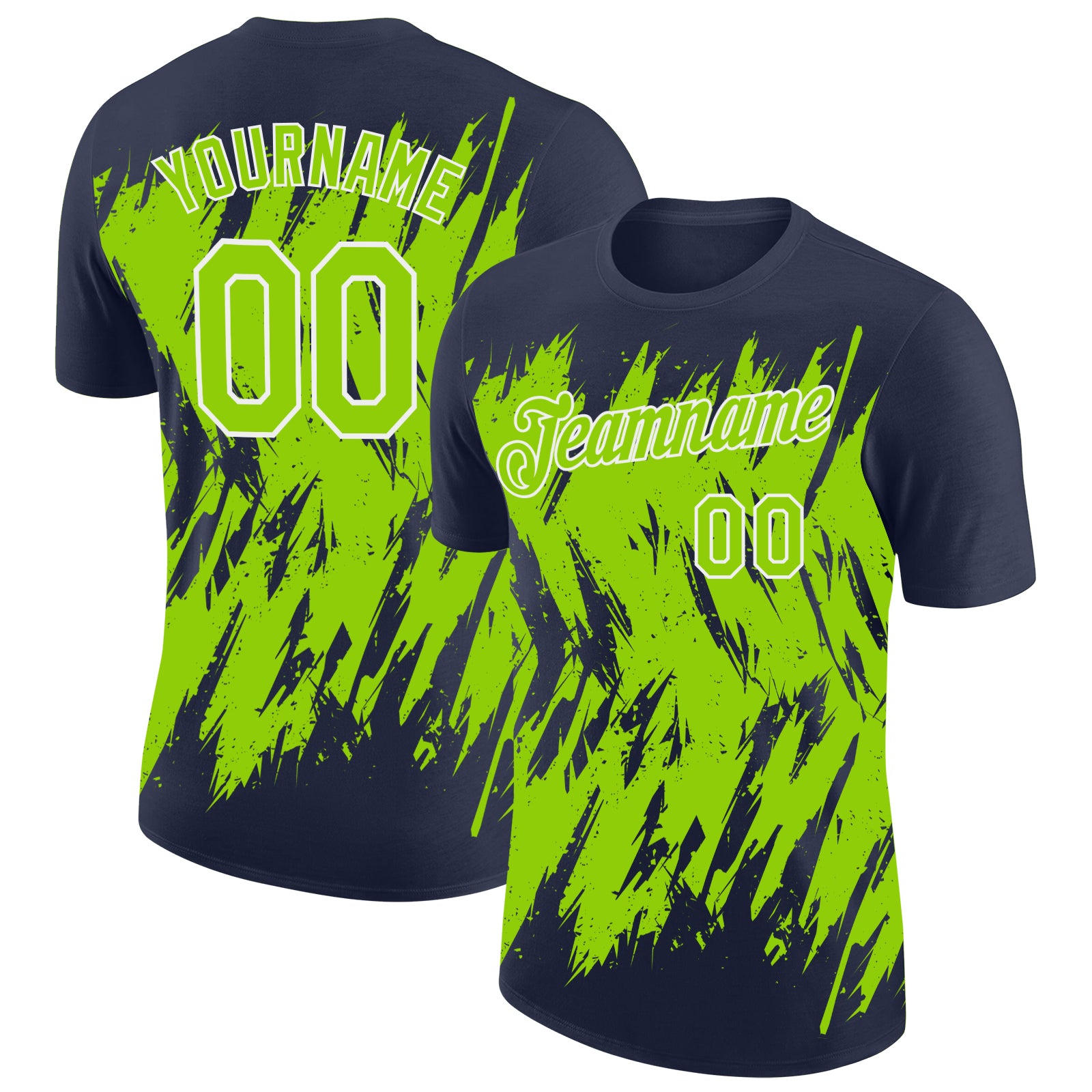 Custom Navy Neon Green-White Torn Sharp Brush Stroke Splatter Performance T-Shirt