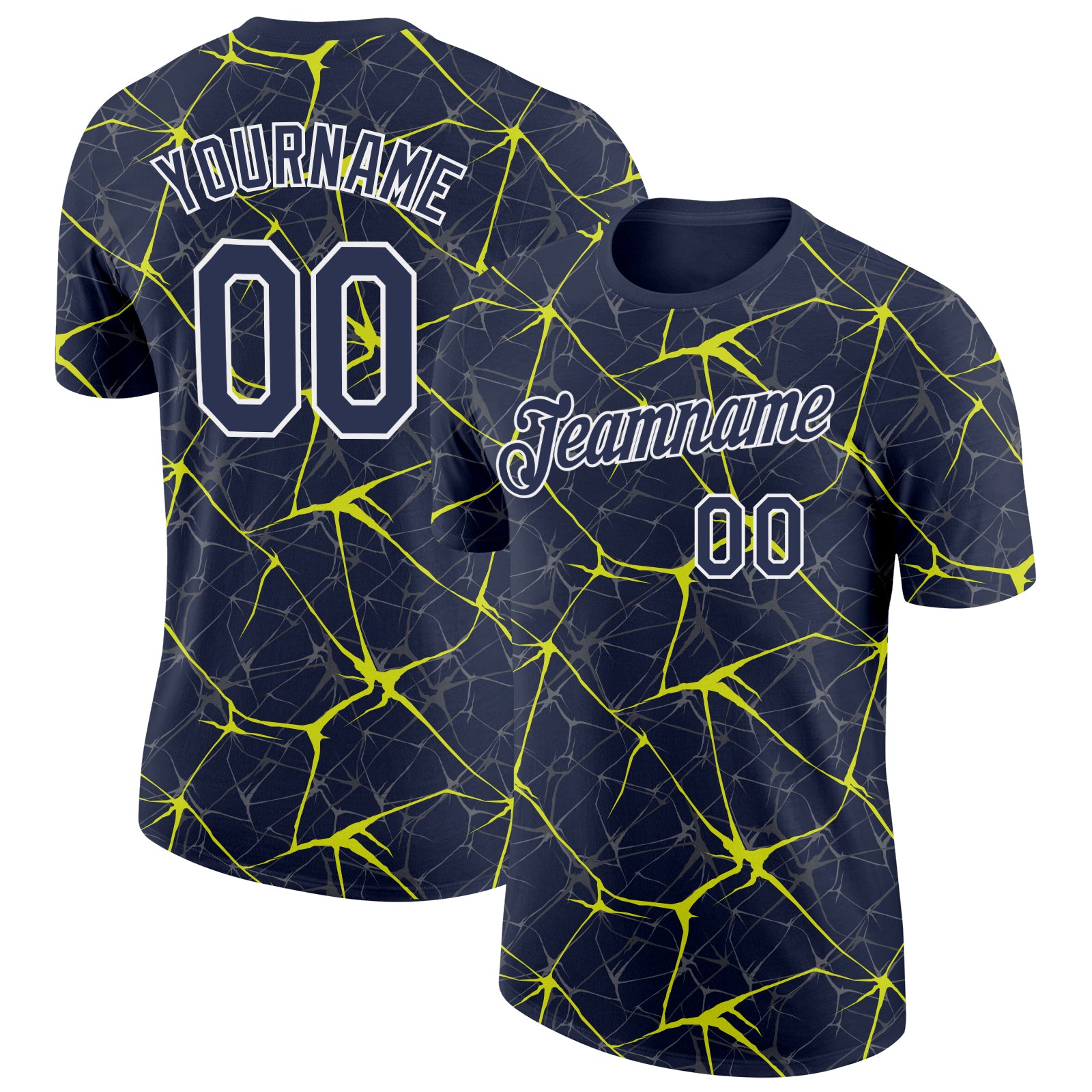 Custom Navy Neon Yellow Gray-White Abstract Network Crackle Performance T-Shirt