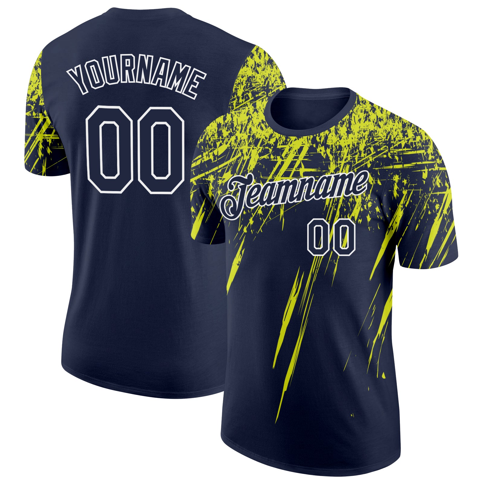 Custom Navy Neon Yellow-White Distressed Scratch Brush Stroke Performance T-Shirt