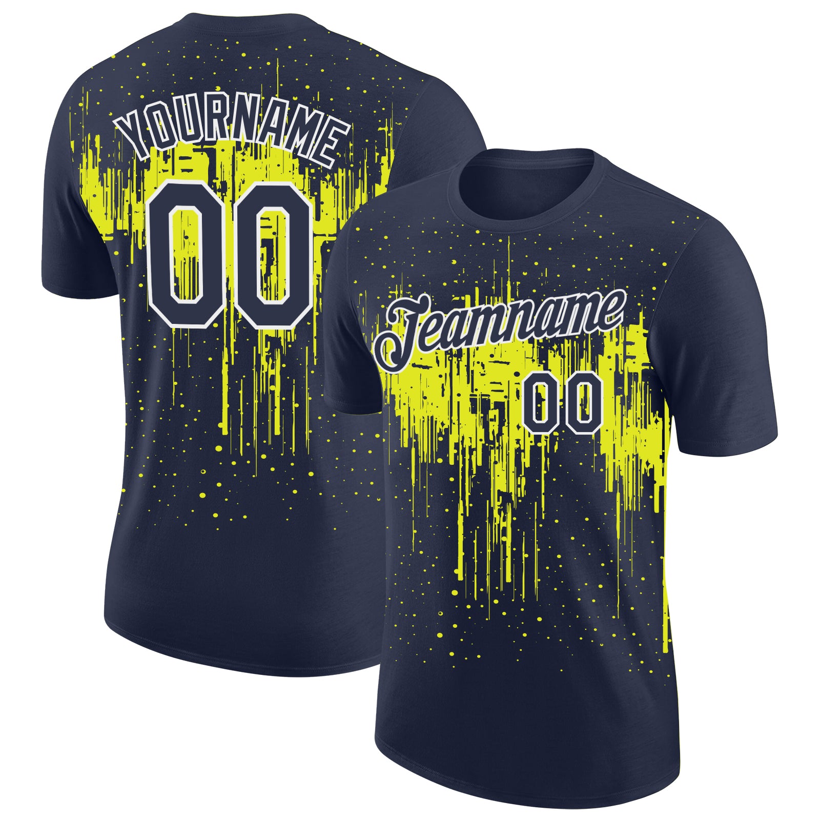 Custom Navy Neon Yellow-White Dripping Splatter Paint Performance T-Shirt