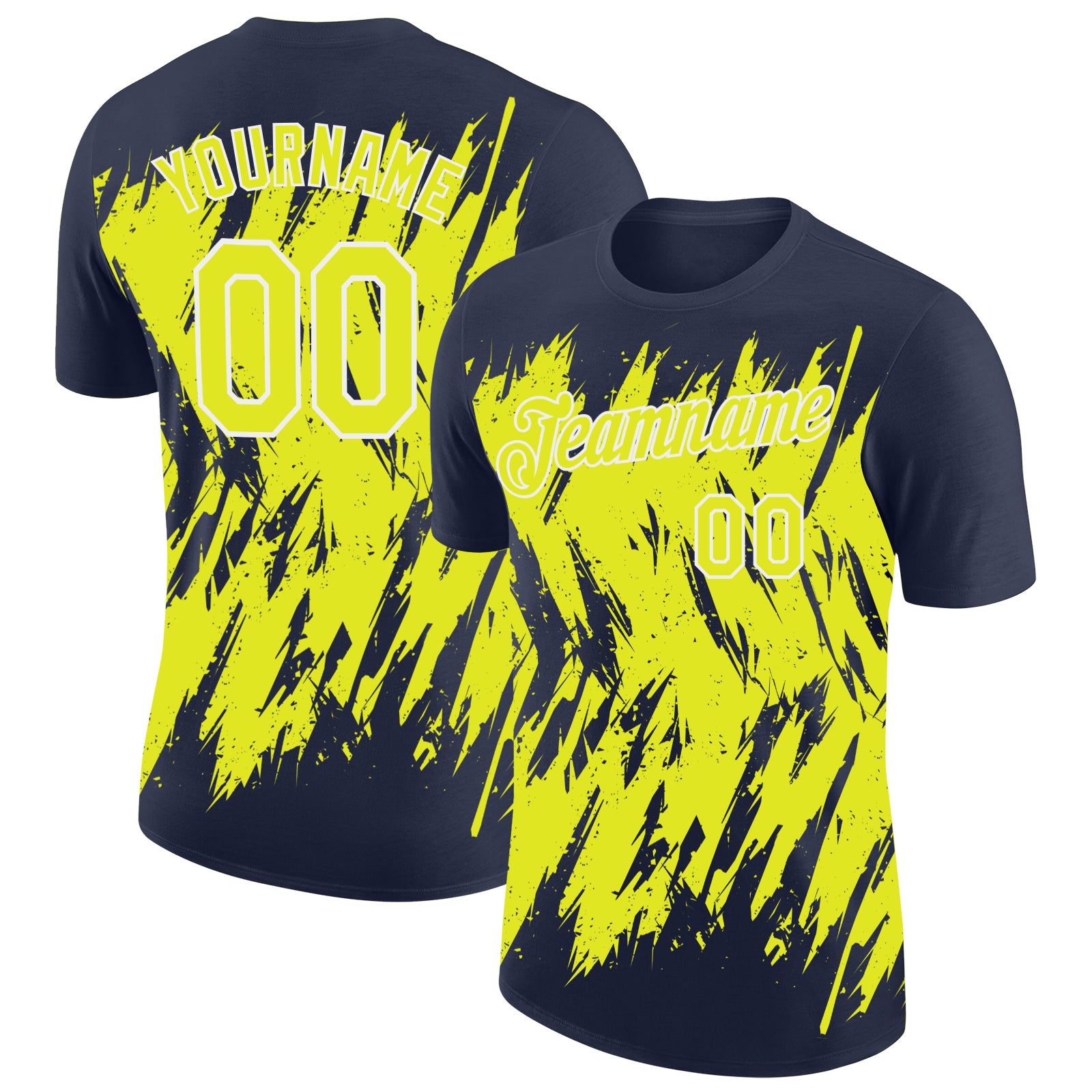Custom Navy Neon Yellow-White Torn Sharp Brush Stroke Splatter Performance T-Shirt