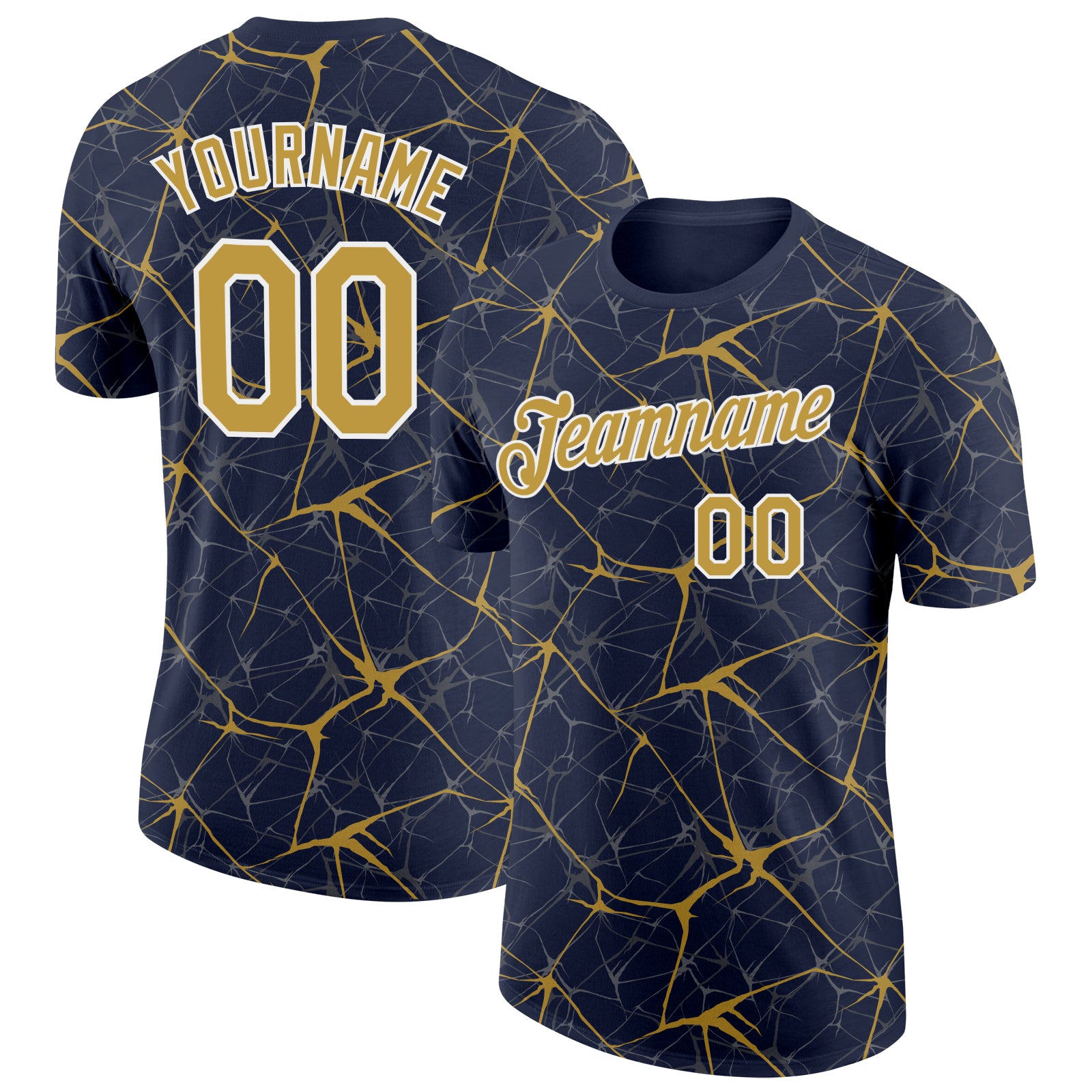 Custom Navy Old Gold Gray-White Abstract Network Crackle Performance T-Shirt