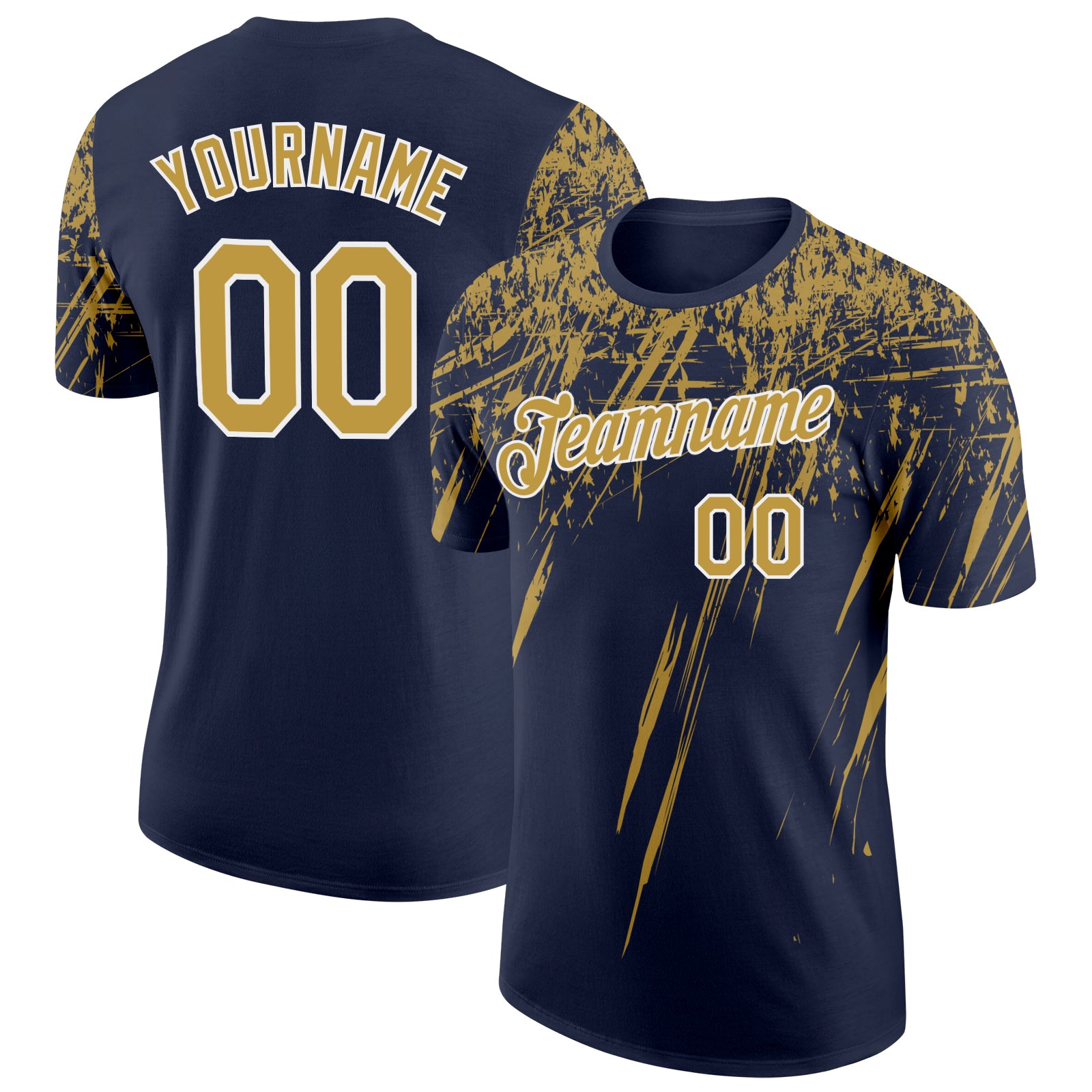 Custom Navy Old Gold-White Distressed Scratch Brush Stroke Performance T-Shirt