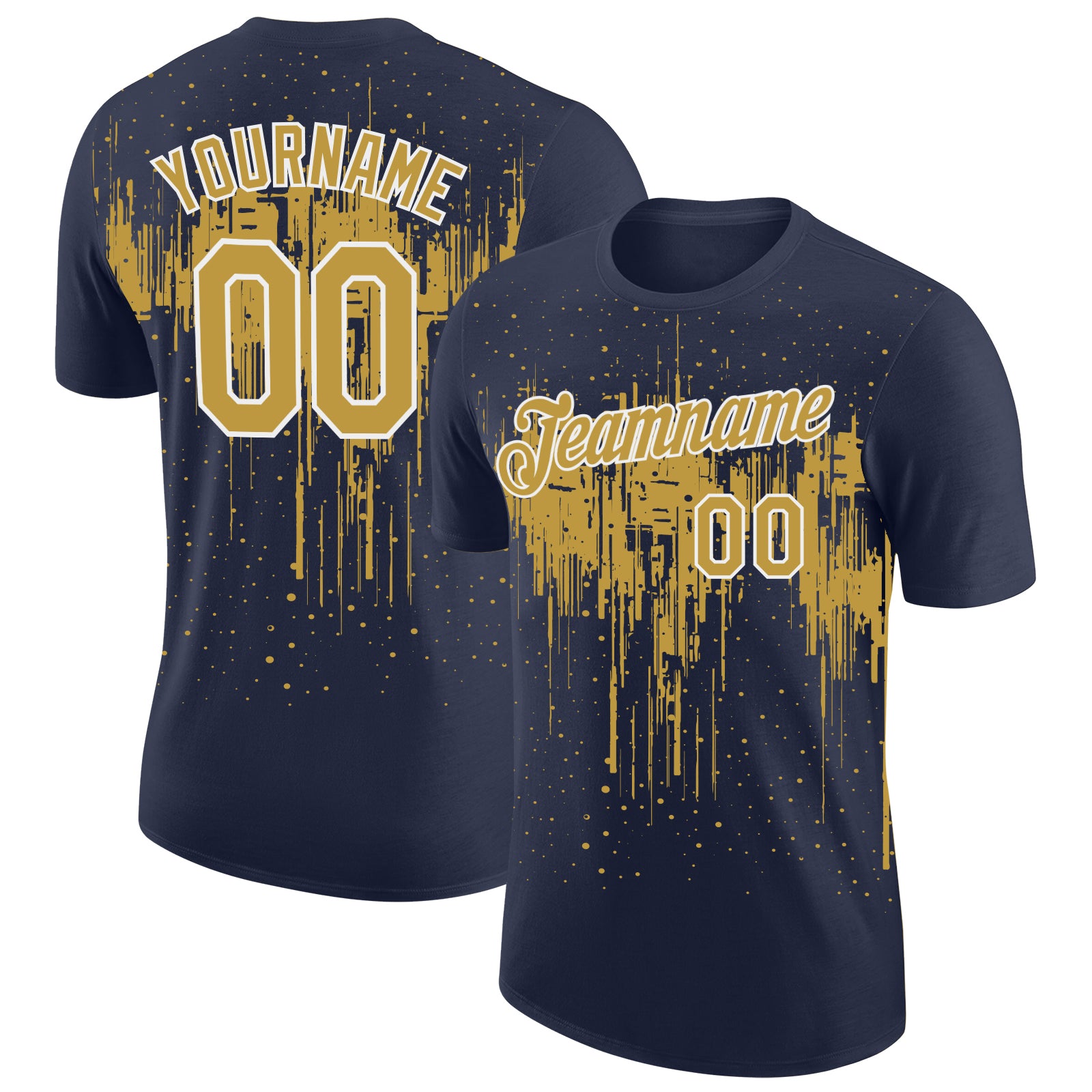Custom Navy Old Gold-White Dripping Splatter Paint Performance T-Shirt