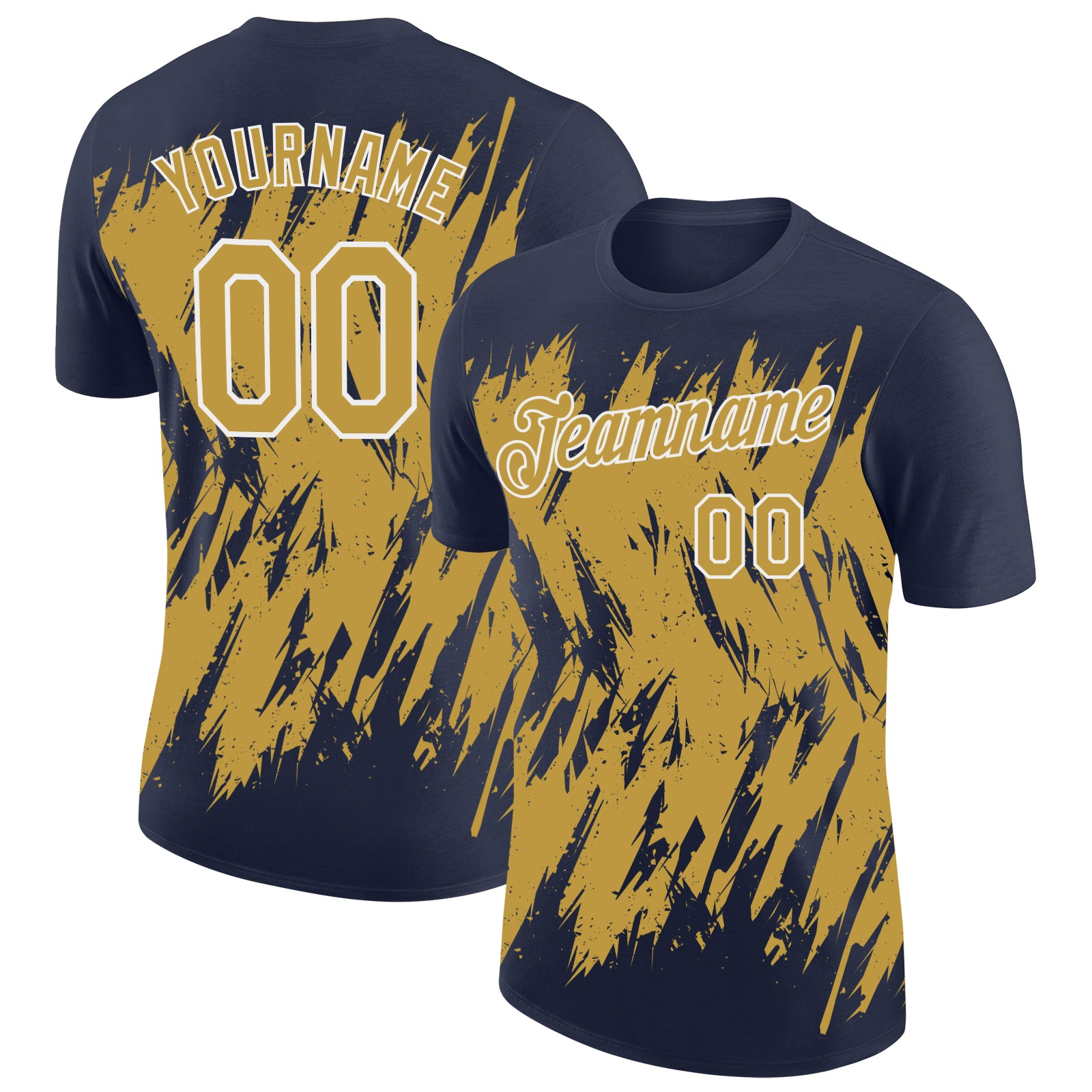 Custom Navy Old Gold-White Torn Sharp Brush Stroke Splatter Performance T-Shirt