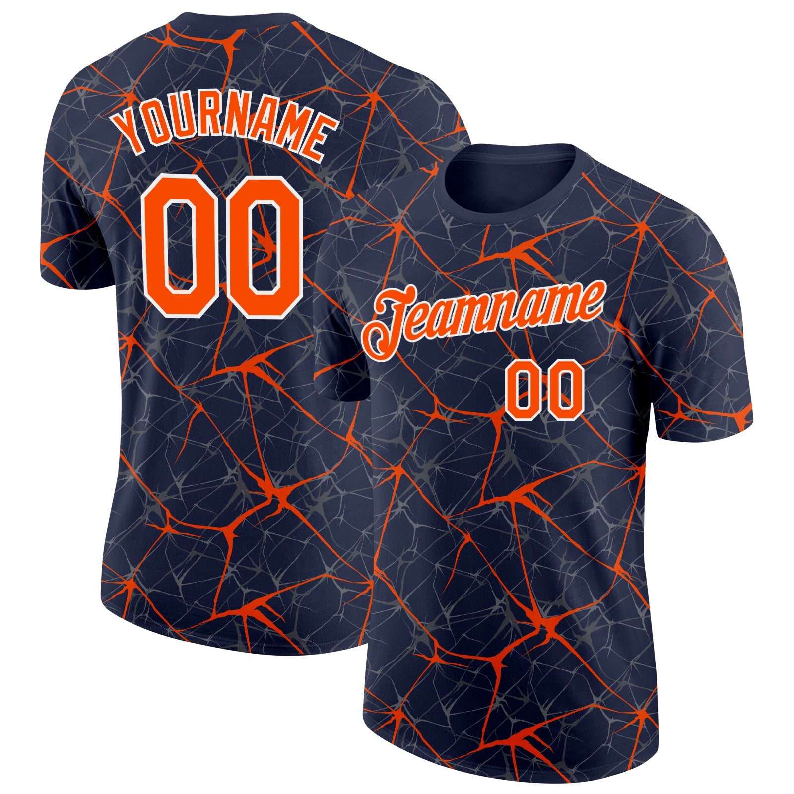 Custom Navy Orange Gray-White Abstract Network Crackle Performance T-Shirt