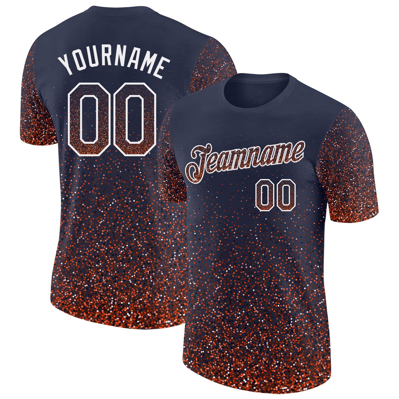Custom Navy Orange-White Colorful Sparkle Gradient Dots Performance T-Shirt