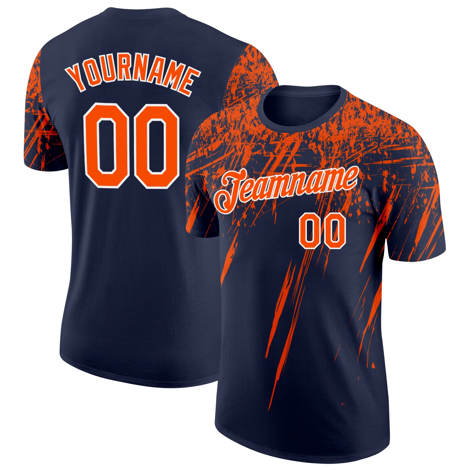 Custom Navy Orange-White Distressed Scratch Brush Stroke Performance T-Shirt