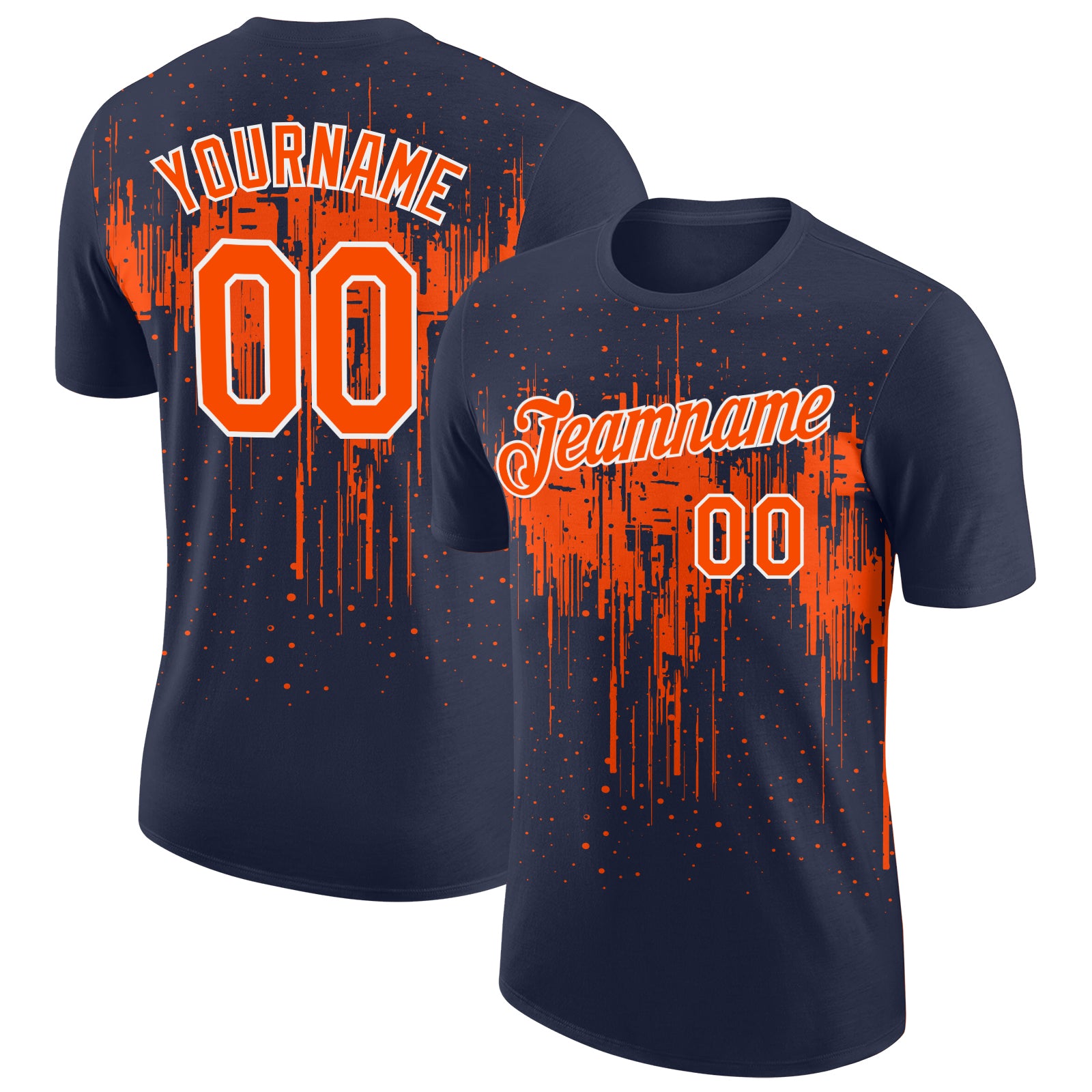 Custom Navy Orange-White Dripping Splatter Paint Performance T-Shirt