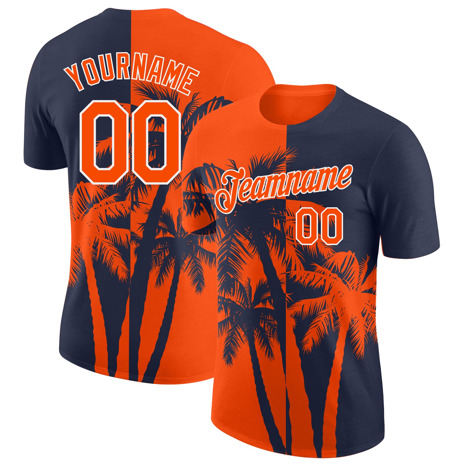 Custom Navy Orange-White Hawaii Tropical Coastal Palm Trees Performance T-Shirt