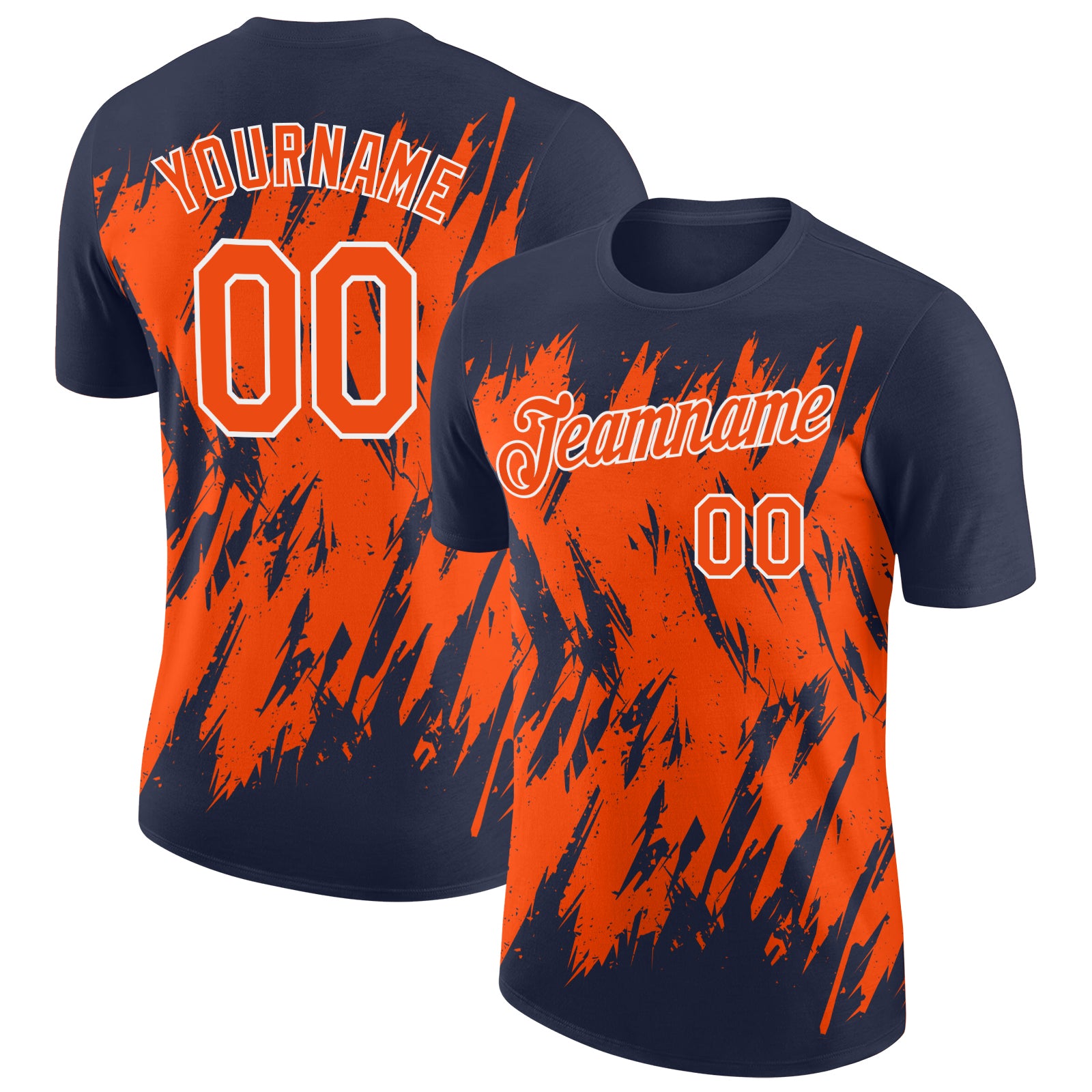 Custom Navy Orange-White Torn Sharp Brush Stroke Splatter Performance T-Shirt