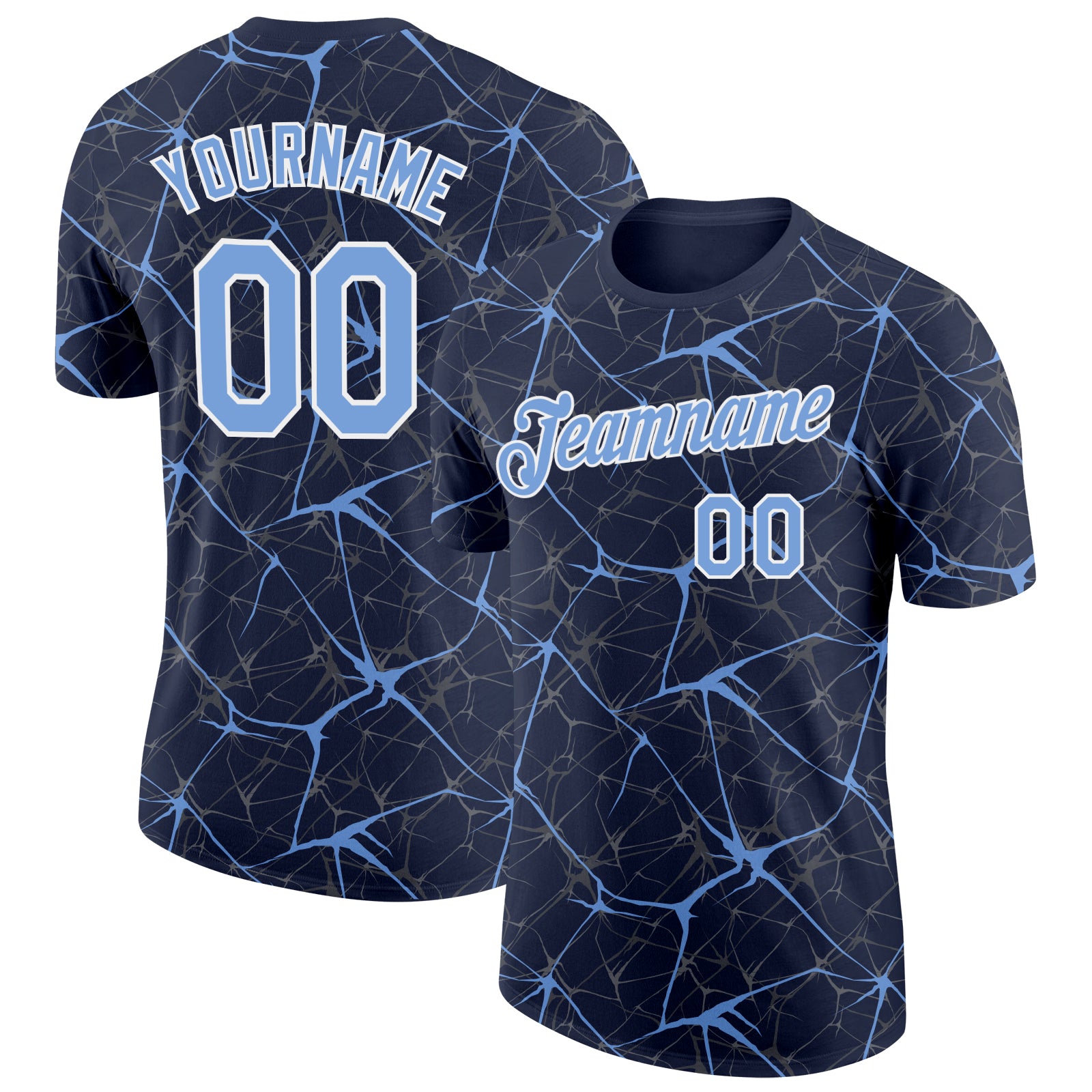 Custom Navy Powder Blue Gray-White Abstract Network Crackle Performance T-Shirt