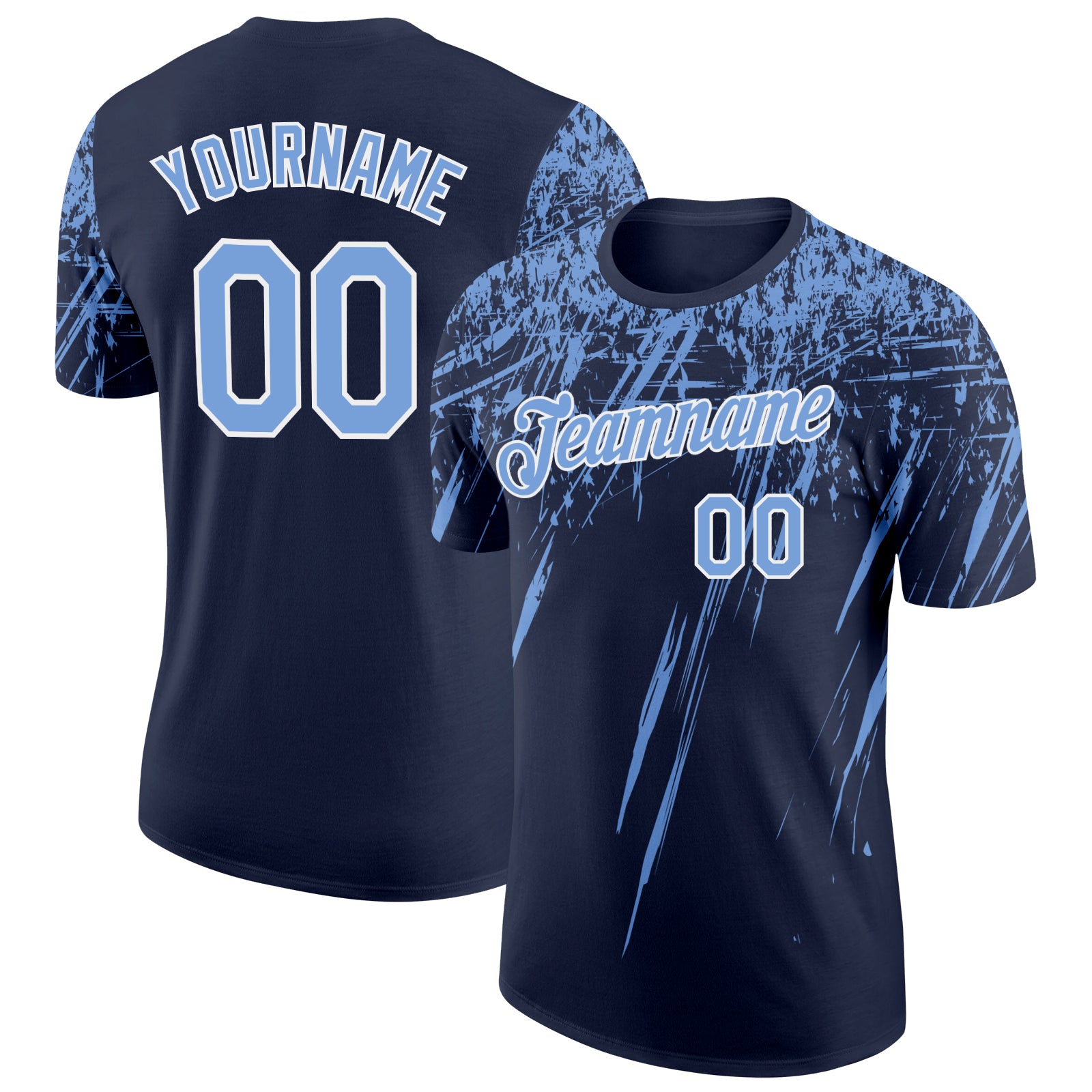 Custom Navy Powder Blue-White Distressed Scratch Brush Stroke Performance T-Shirt