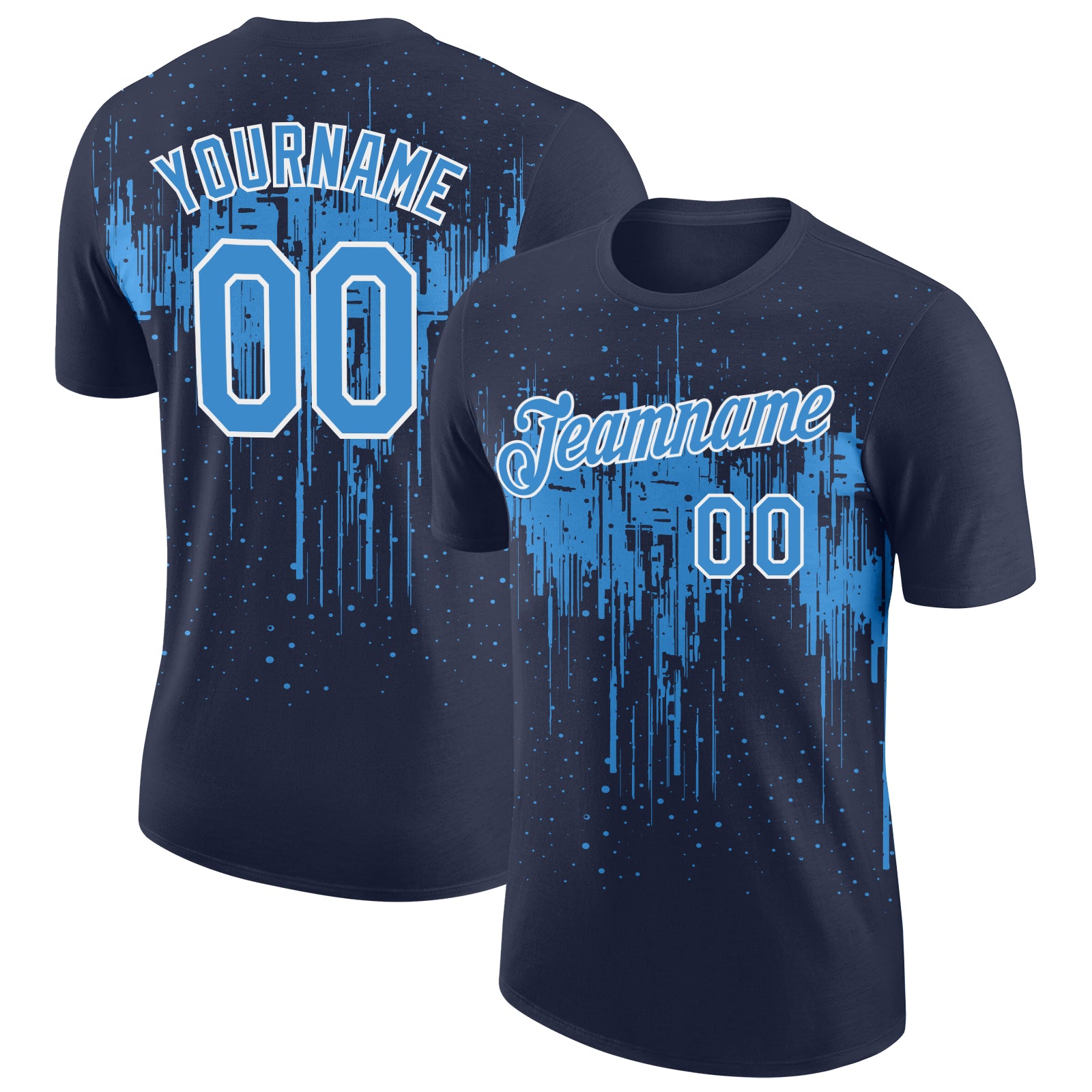 Custom Navy Powder Blue-White Dripping Splatter Paint Performance T-Shirt