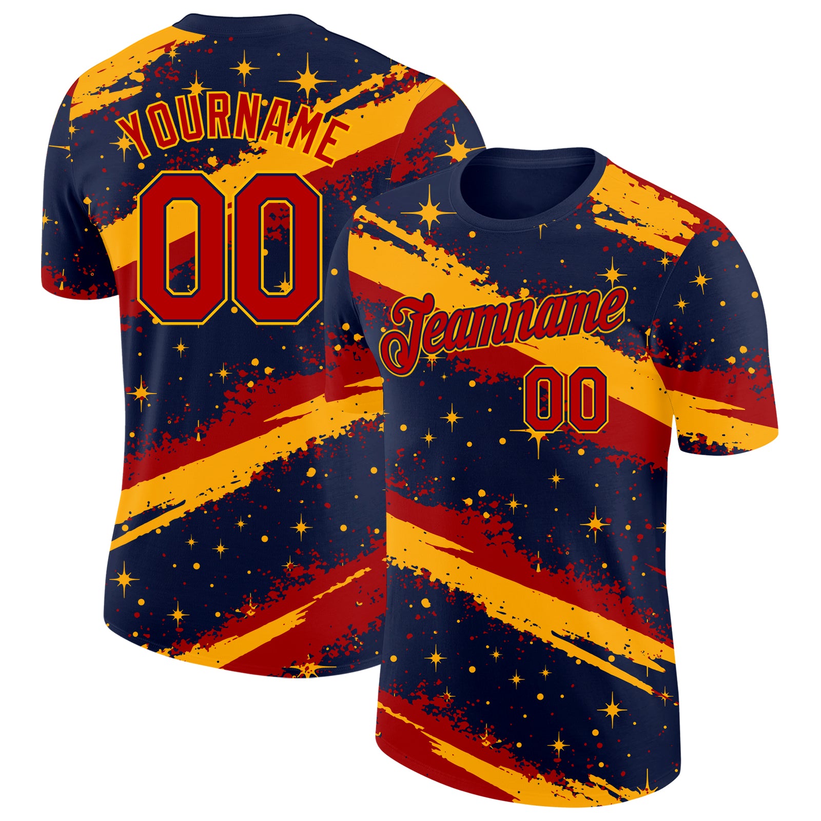 Custom Navy Red-Gold Brush Stroke Splatter Starburst Performance T-Shirt