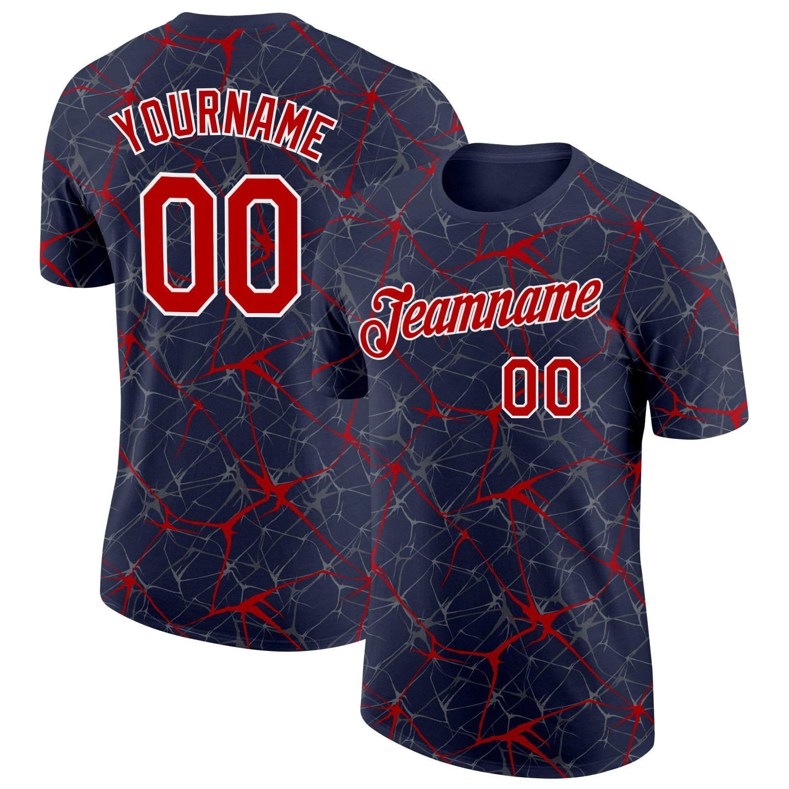 Custom Navy Red Gray-White Abstract Network Crackle Performance T-Shirt