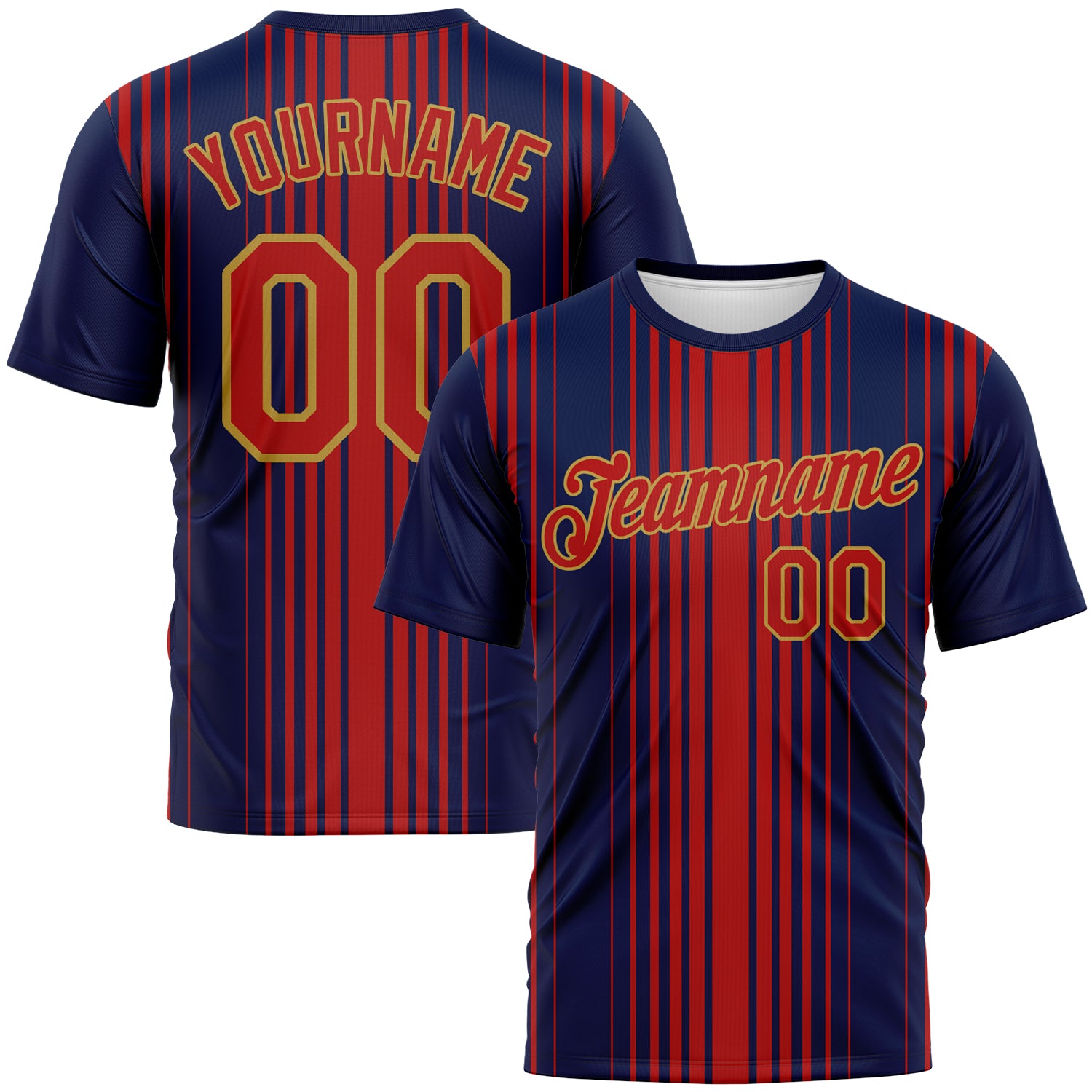 Custom Navy Red-Old Gold 3D Pattern Vertical Stripe Classic Performance T-Shirt