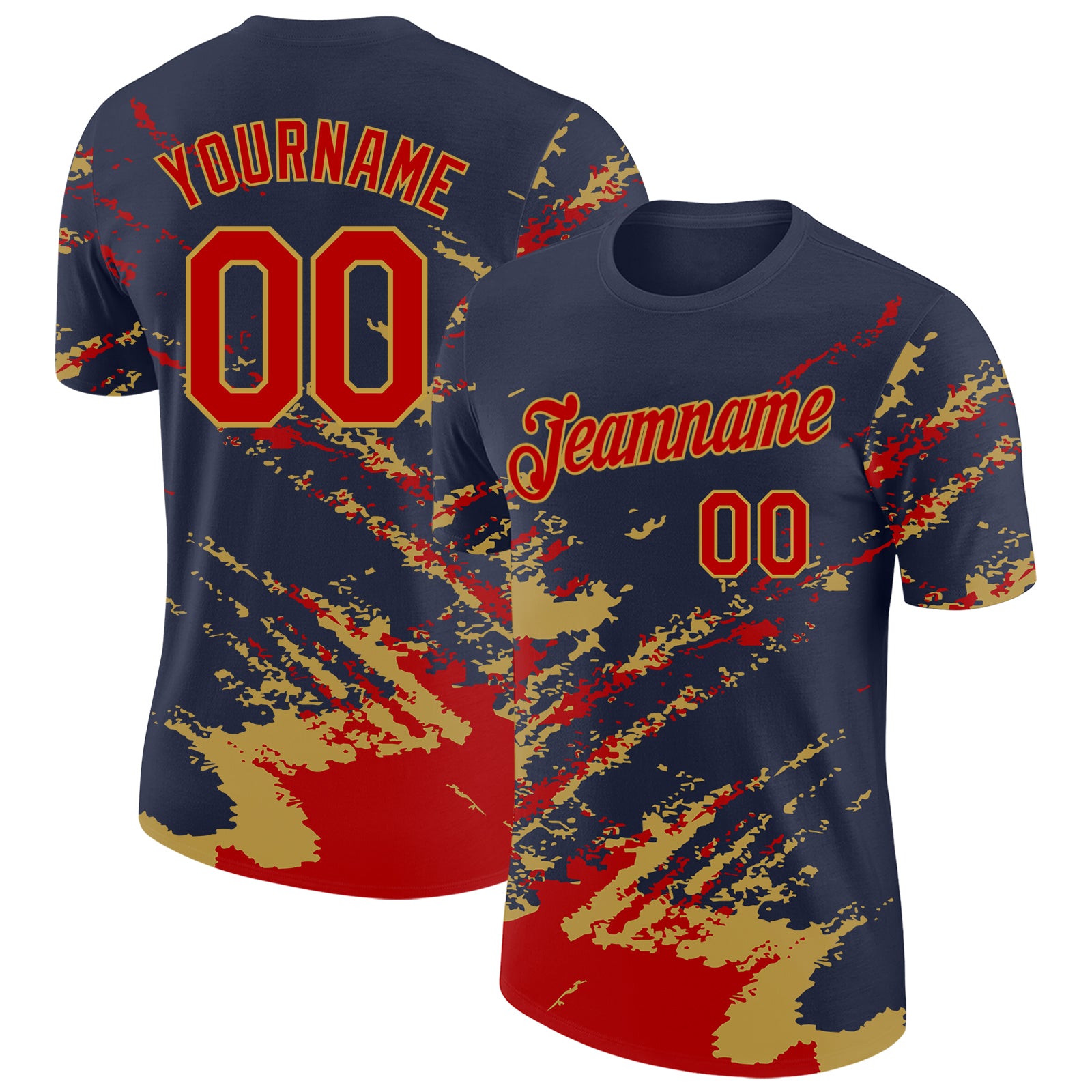 Custom Navy Red-Old Gold Brush Stroke Shatter Splatter Performance T-Shirt