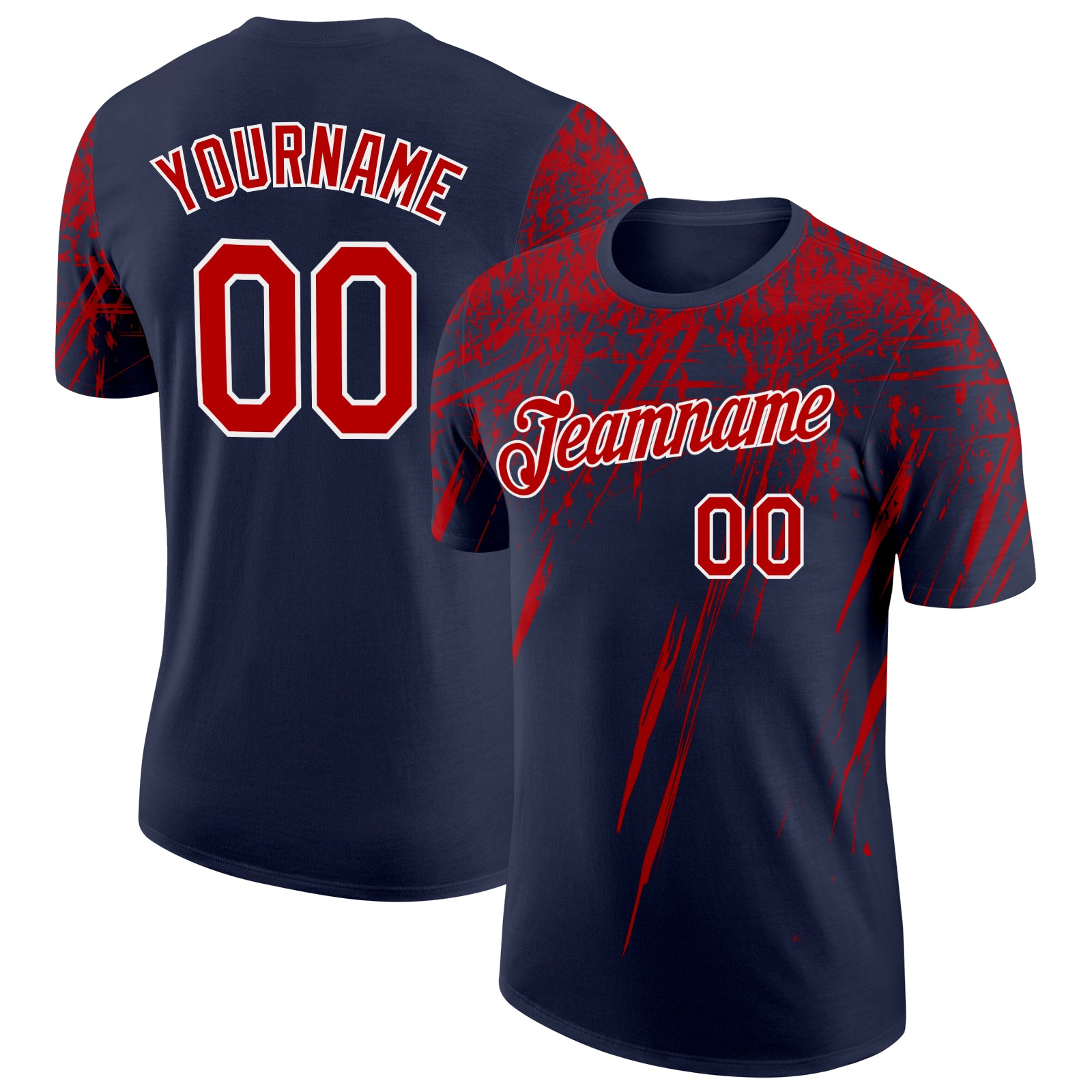 Custom Navy Red-White Distressed Scratch Brush Stroke Performance T-Shirt